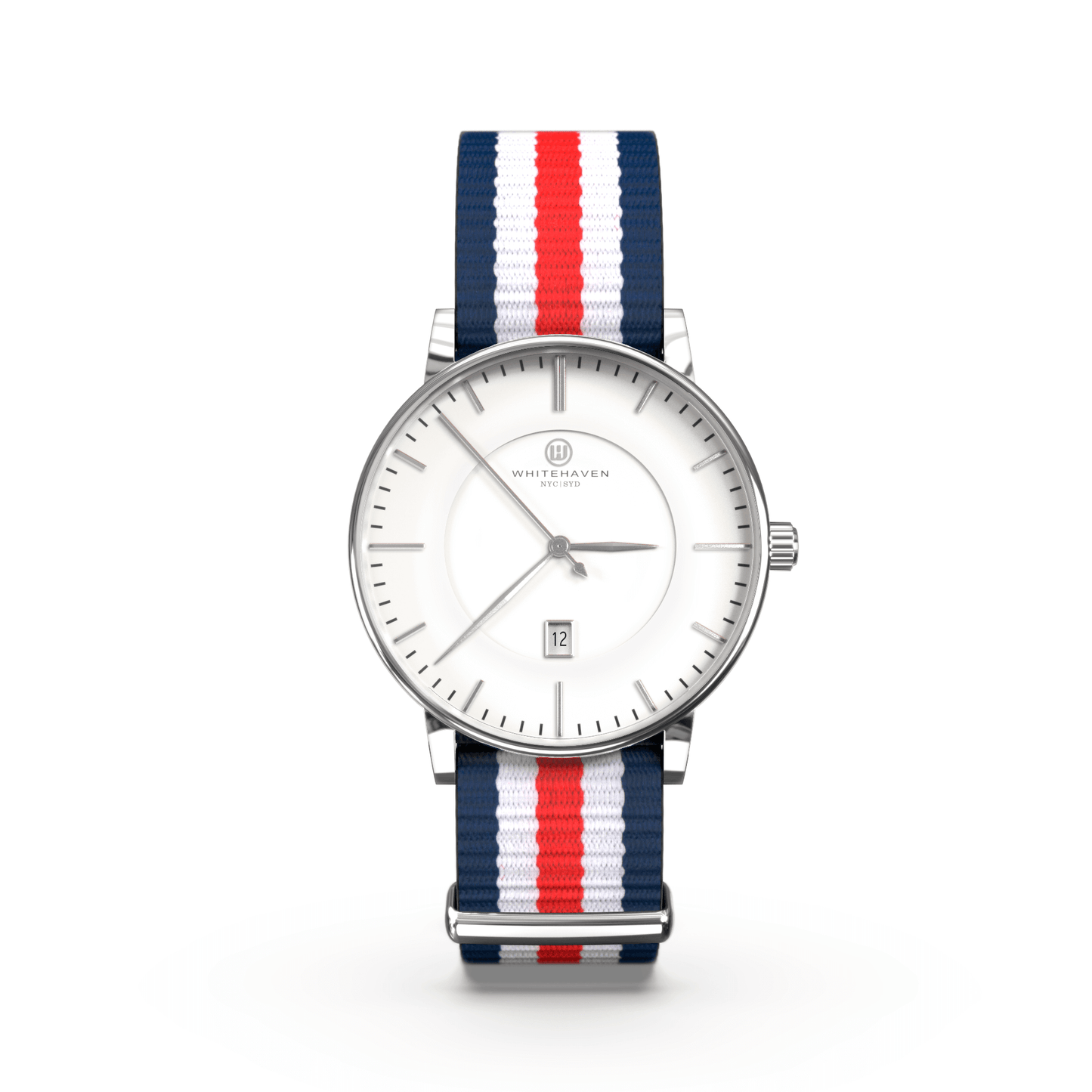Montre femme Whitehaven Bendigo avec cadran blanc, aiguilles argentées, boîtier finition argent et bracelet NATO tricolore bleu blanc rouge – vue de face