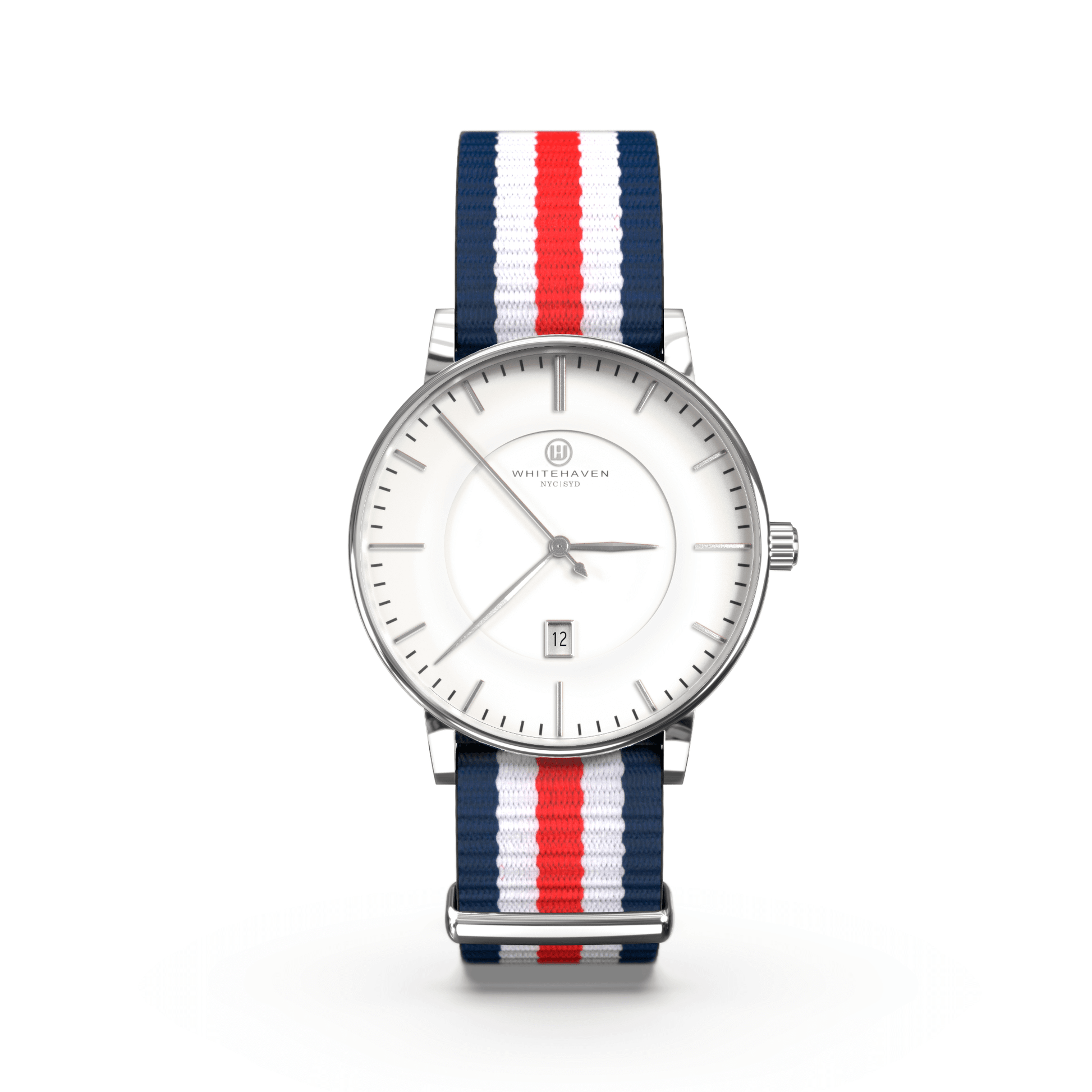 Montre femme Whitehaven Bendigo avec cadran blanc, aiguilles argentées, boîtier finition argent et bracelet NATO tricolore bleu blanc rouge – vue de face