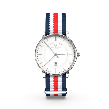 Montre femme Whitehaven Bendigo avec cadran blanc, aiguilles argentées, boîtier finition argent et bracelet NATO tricolore bleu blanc rouge – vue de face