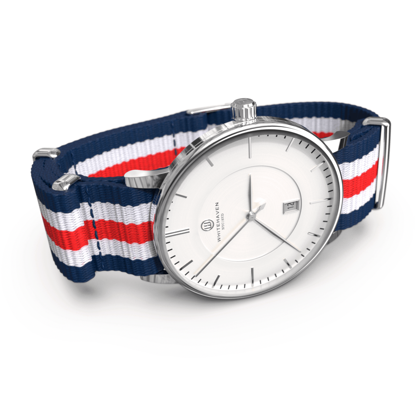 Montre femme Whitehaven Bendigo avec cadran blanc, finitions argent et bracelet en nylon tricolore – vue latérale