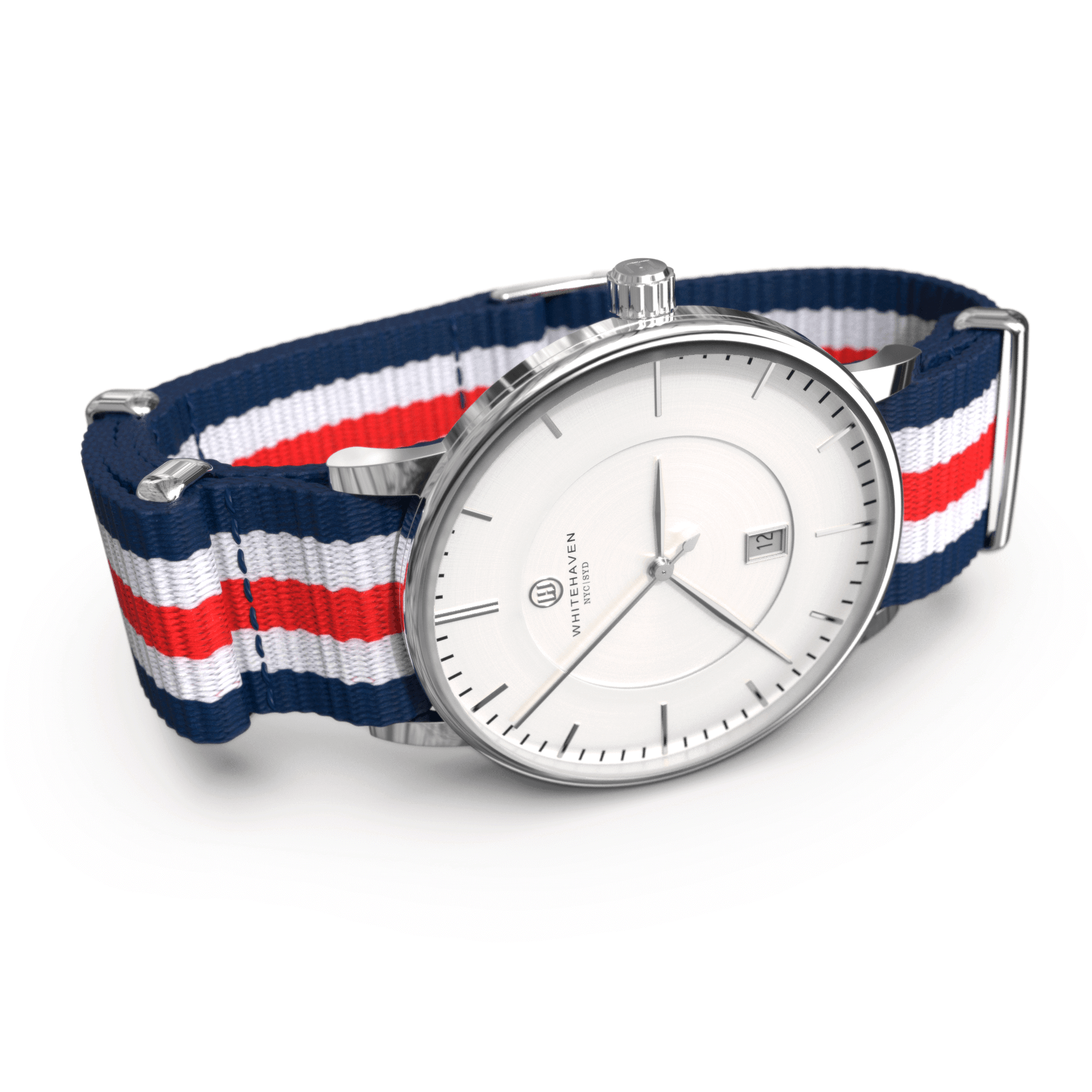 Montre femme Whitehaven Bendigo avec cadran blanc, finitions argent et bracelet en nylon tricolore – vue latérale
