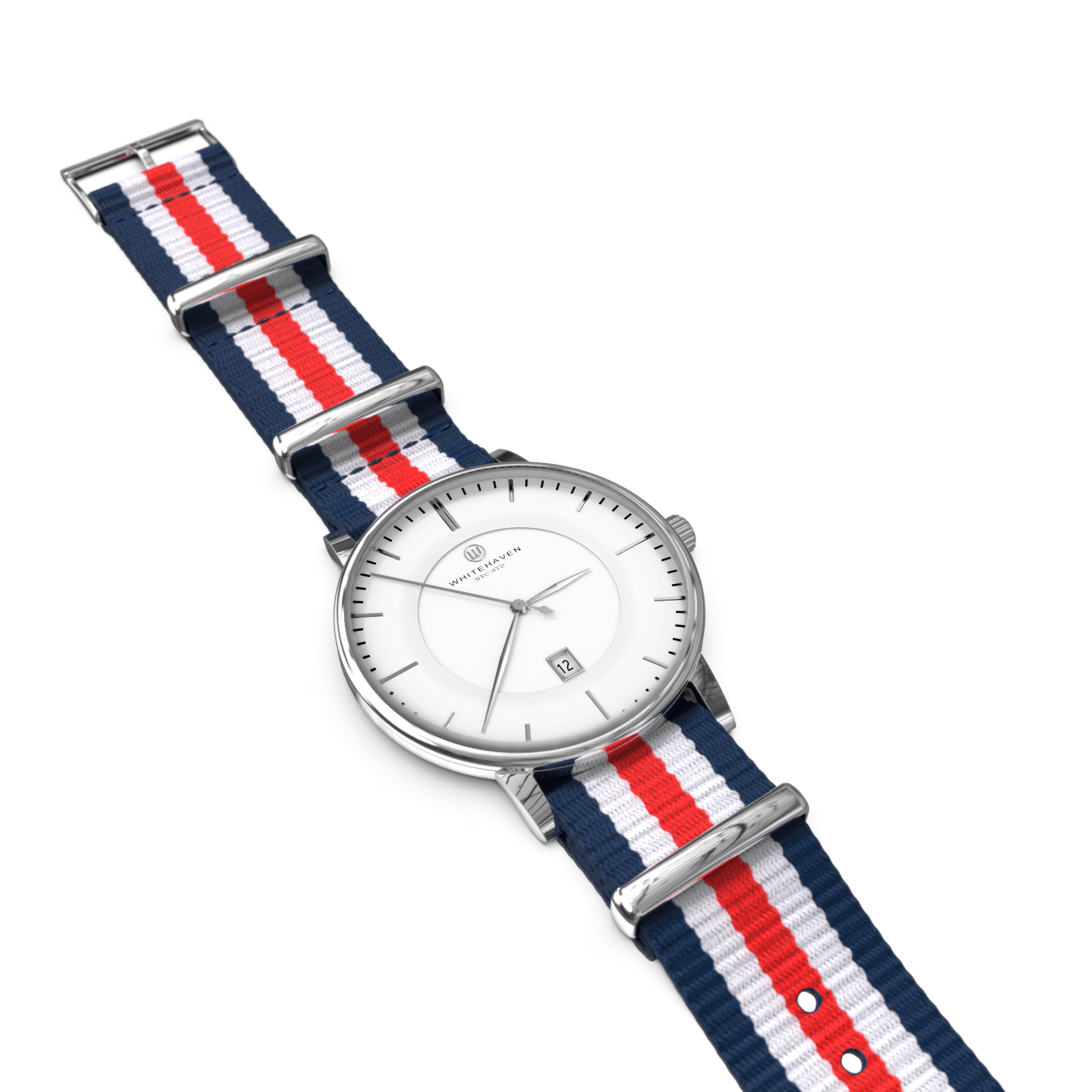 Montre femme Whitehaven Bendigo avec cadran blanc, bracelet NATO en nylon bleu blanc rouge – vue à plat
