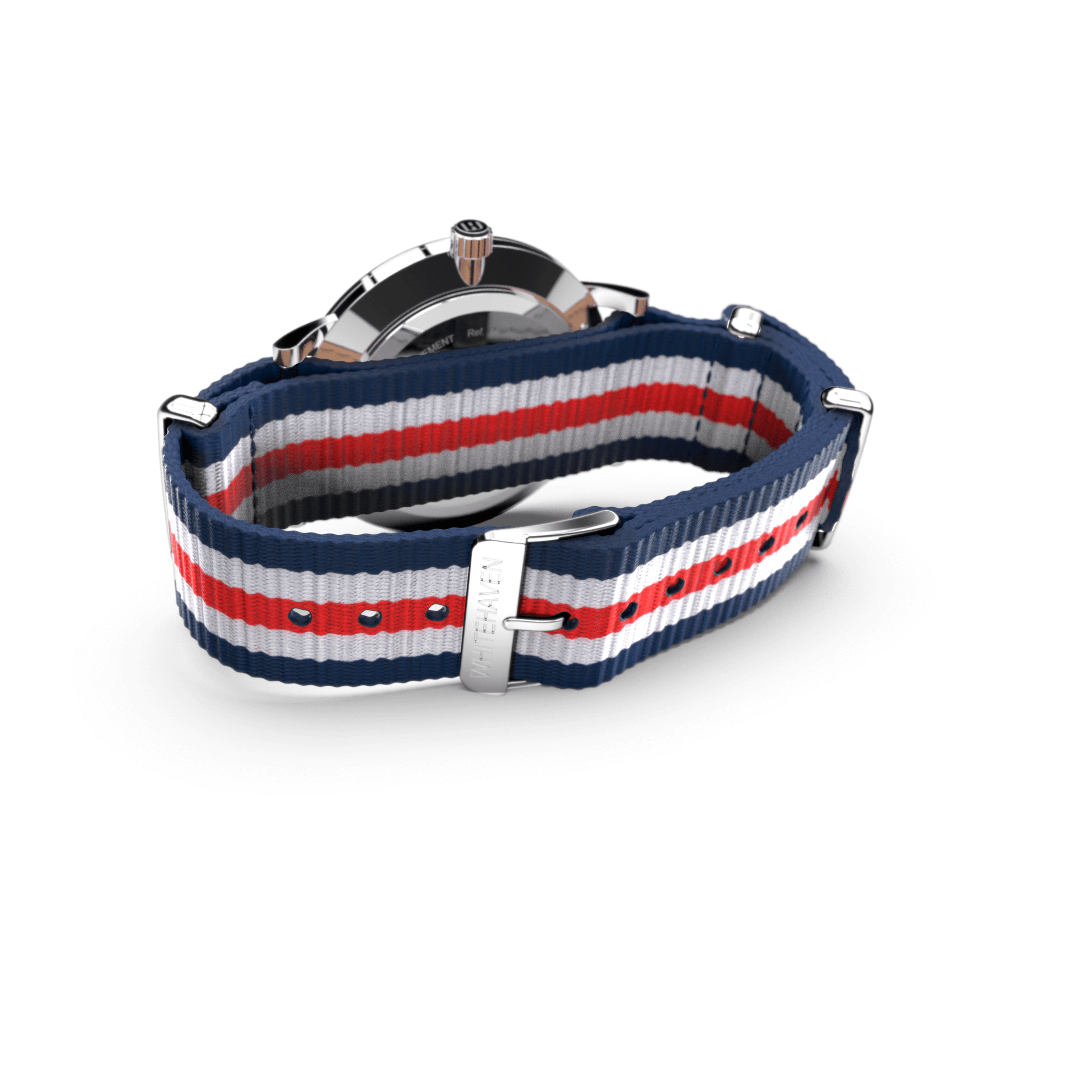 Montre femme Whitehaven Bendigo avec cadran blanc, boucle argentée et bracelet NATO tricolore – vue arrière