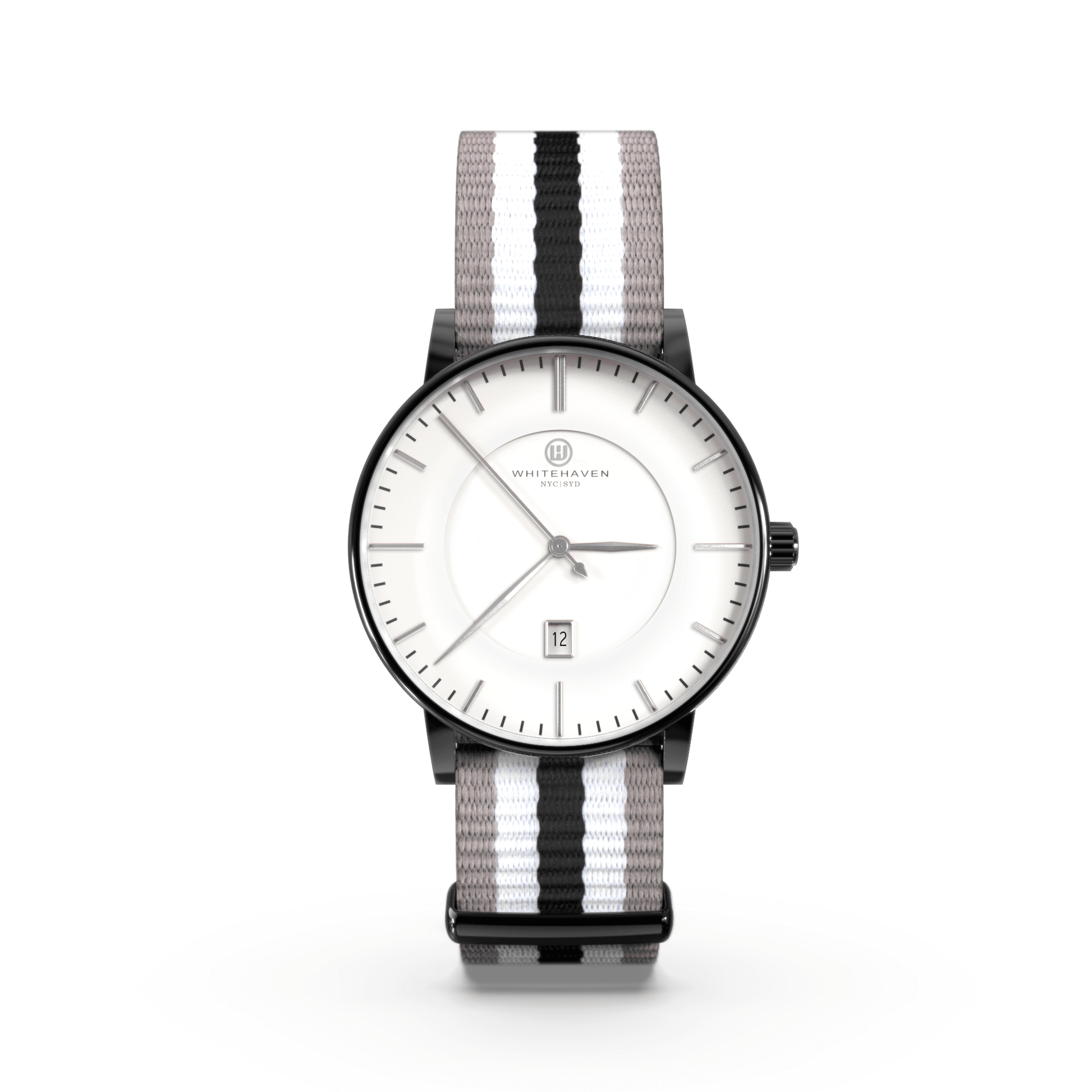 Montre femme Whitehaven Bendigo avec cadran blanc, aiguilles argentées, boîtier noir et bracelet NATO tricolore gris blanc noir – vue de face