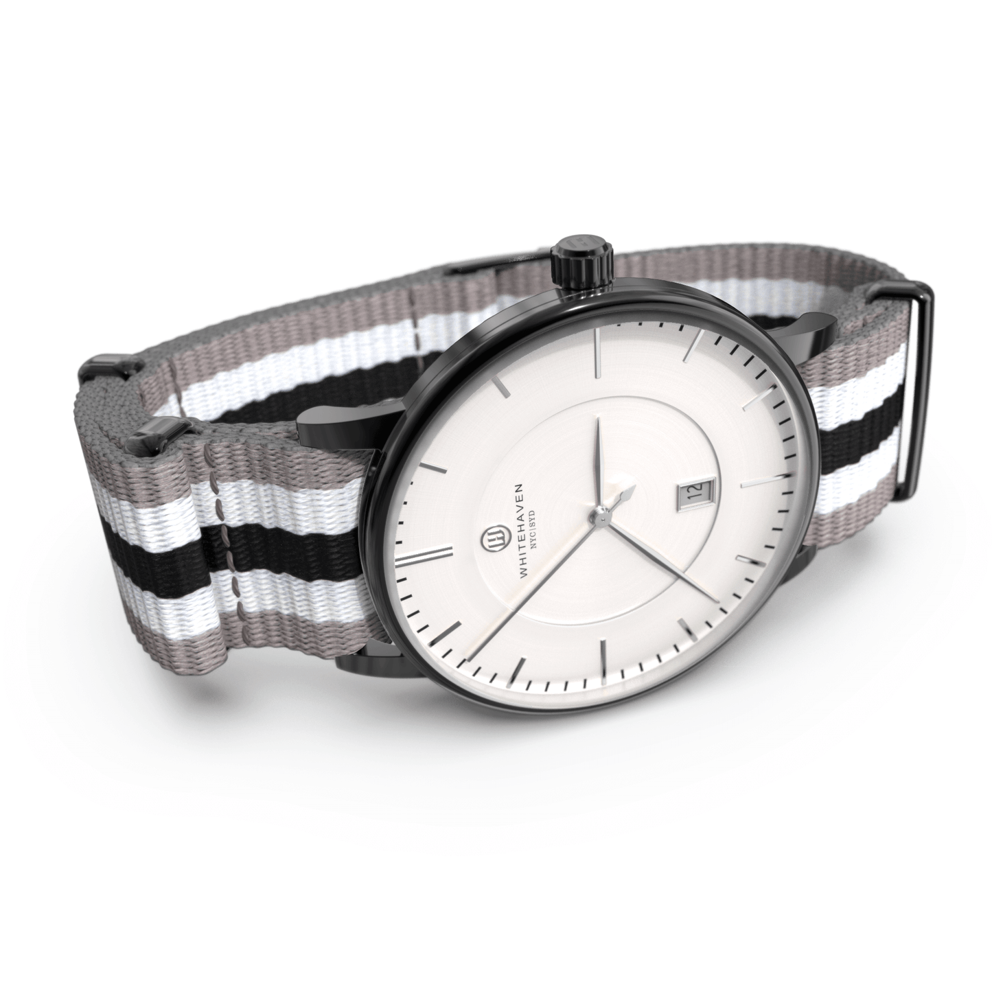 Montre femme Whitehaven Bendigo avec cadran blanc et bracelet NATO en nylon noir blanc gris – vue en perspective