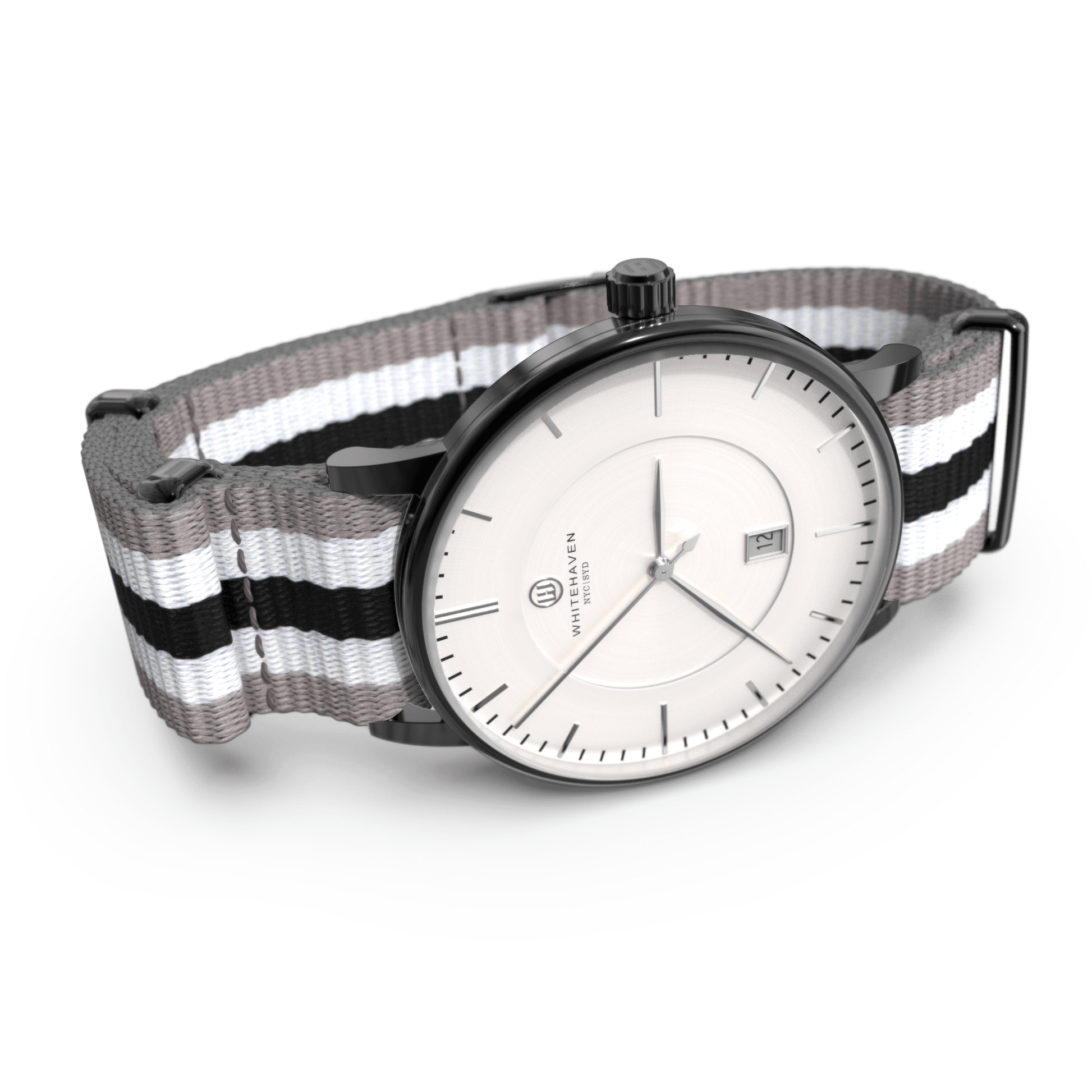 Montre femme Whitehaven Bendigo avec cadran blanc et bracelet NATO en nylon noir blanc gris – vue en perspective