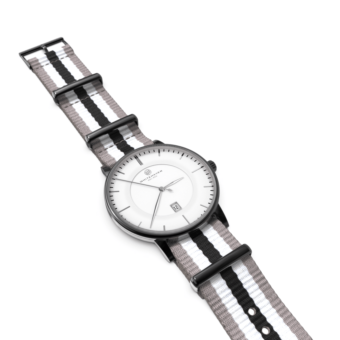 Montre femme Whitehaven Bendigo avec boîtier finition noire, bracelet NATO tricolore et cadran blanc – vue à plat