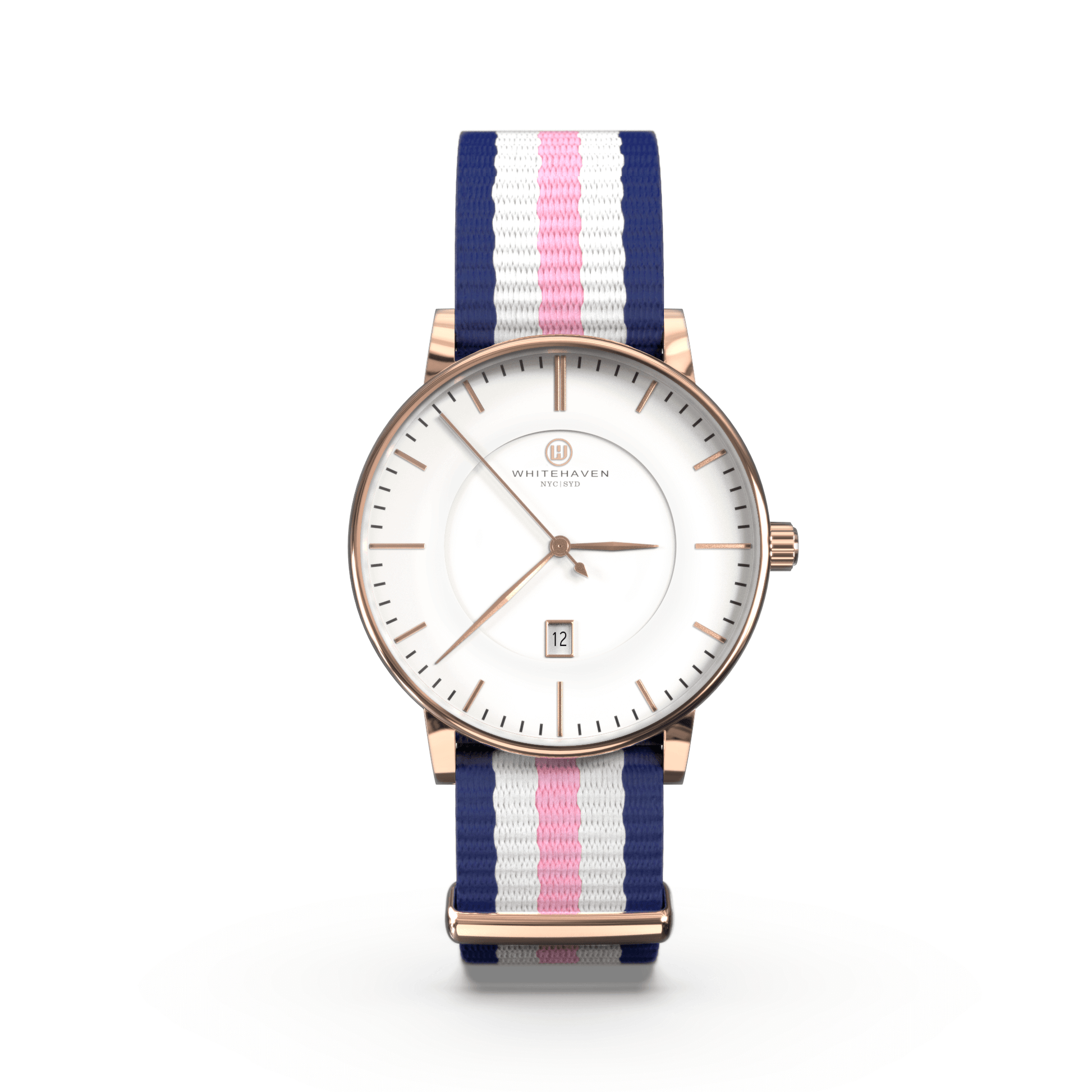 Montre femme Whitehaven Bendigo avec cadran blanc, aiguilles et boîtier rose gold, bracelet NATO en nylon tricolore bleu blanc rose – vue de face