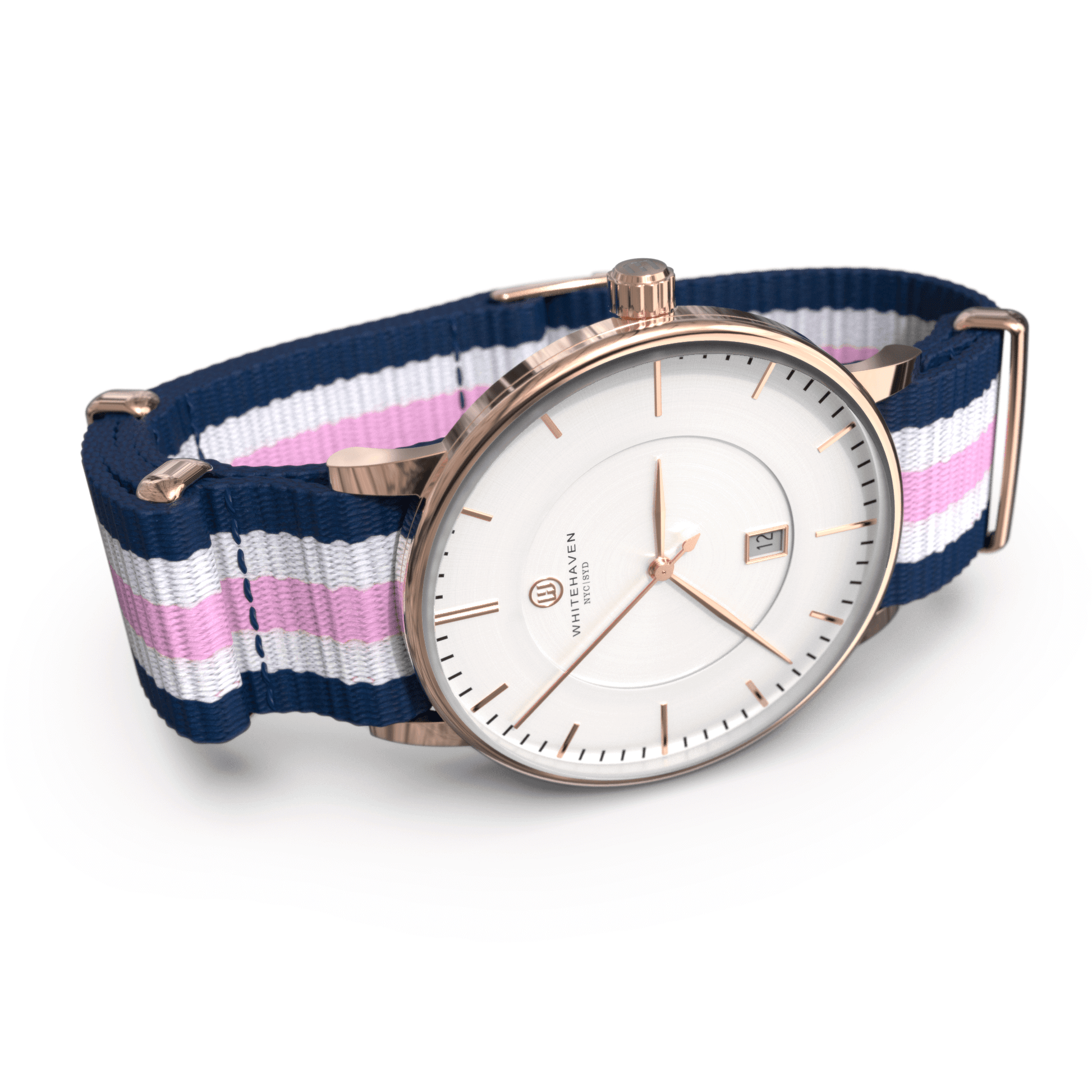 Montre femme Whitehaven Bendigo avec cadran blanc et bracelet NATO bleu blanc rose – finitions rose gold – vue latérale
