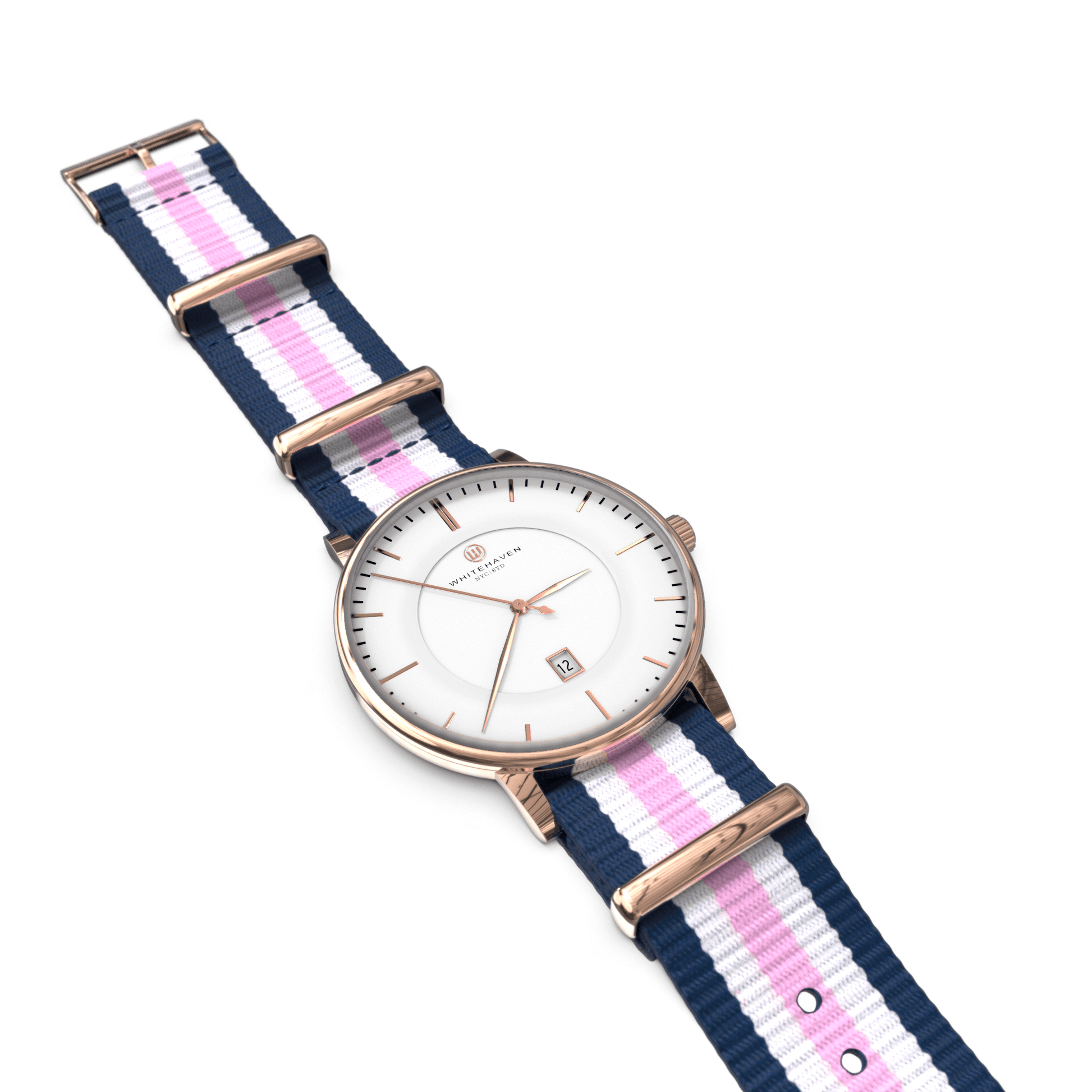 Montre femme Whitehaven Bendigo avec boîtier rose gold, bracelet NATO rose blanc bleu et cadran blanc – vue à plat