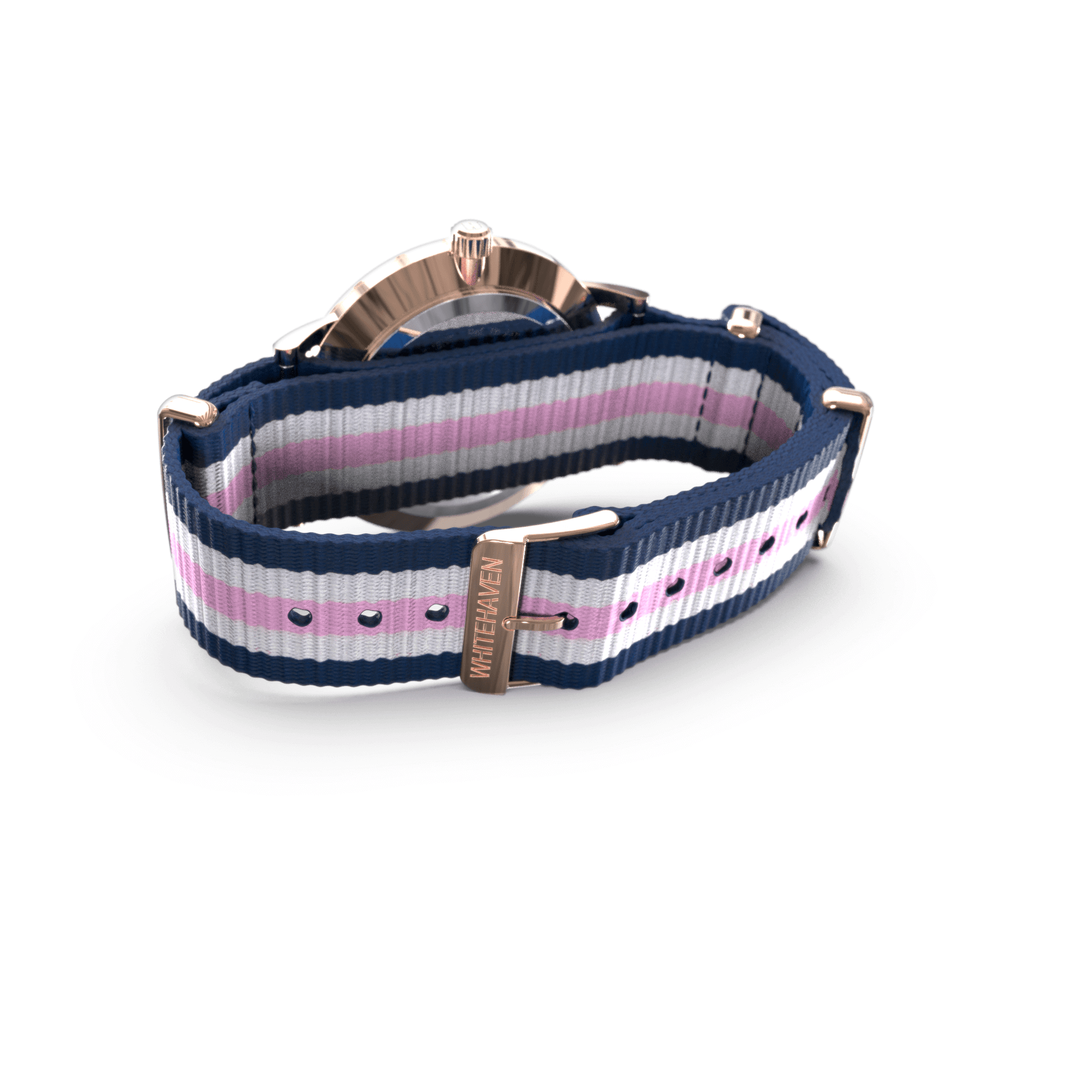 Montre femme Whitehaven Bendigo avec boucle rose gold et bracelet NATO en nylon tricolore – vue arrière