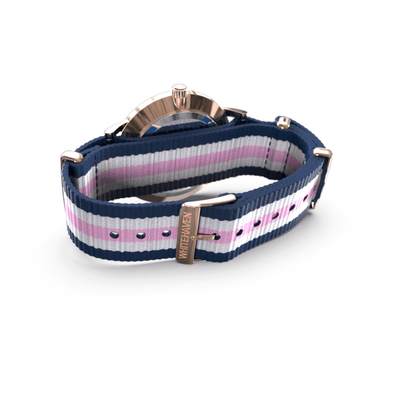 Montre femme Whitehaven Bendigo avec boucle rose gold et bracelet NATO en nylon tricolore – vue arrière