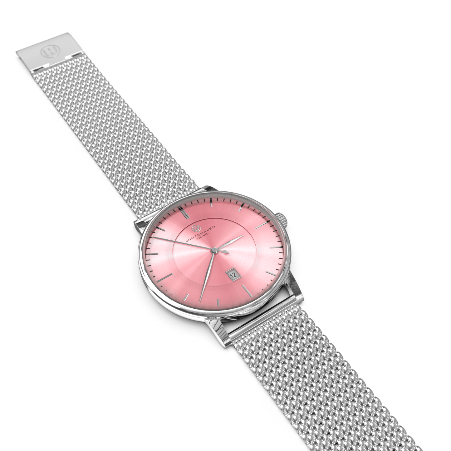 Montre femme Whitehaven Burleigh avec cadran rose, bracelet en maille argent et boîtier assorti – vue à plat