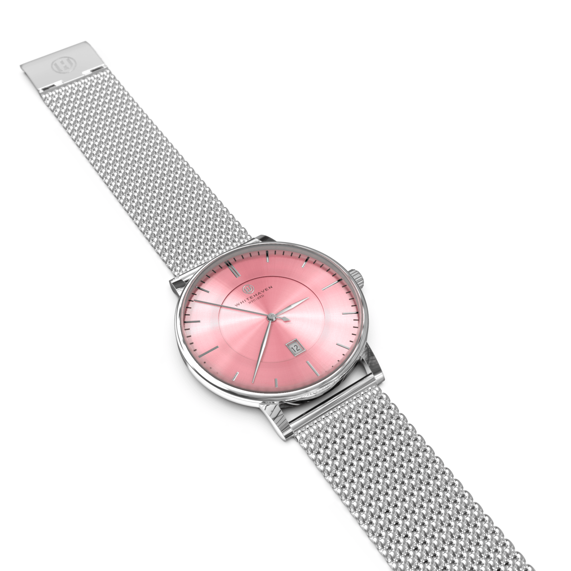 Montre femme Whitehaven Burleigh avec cadran rose, bracelet en maille argent et boîtier assorti – vue à plat
