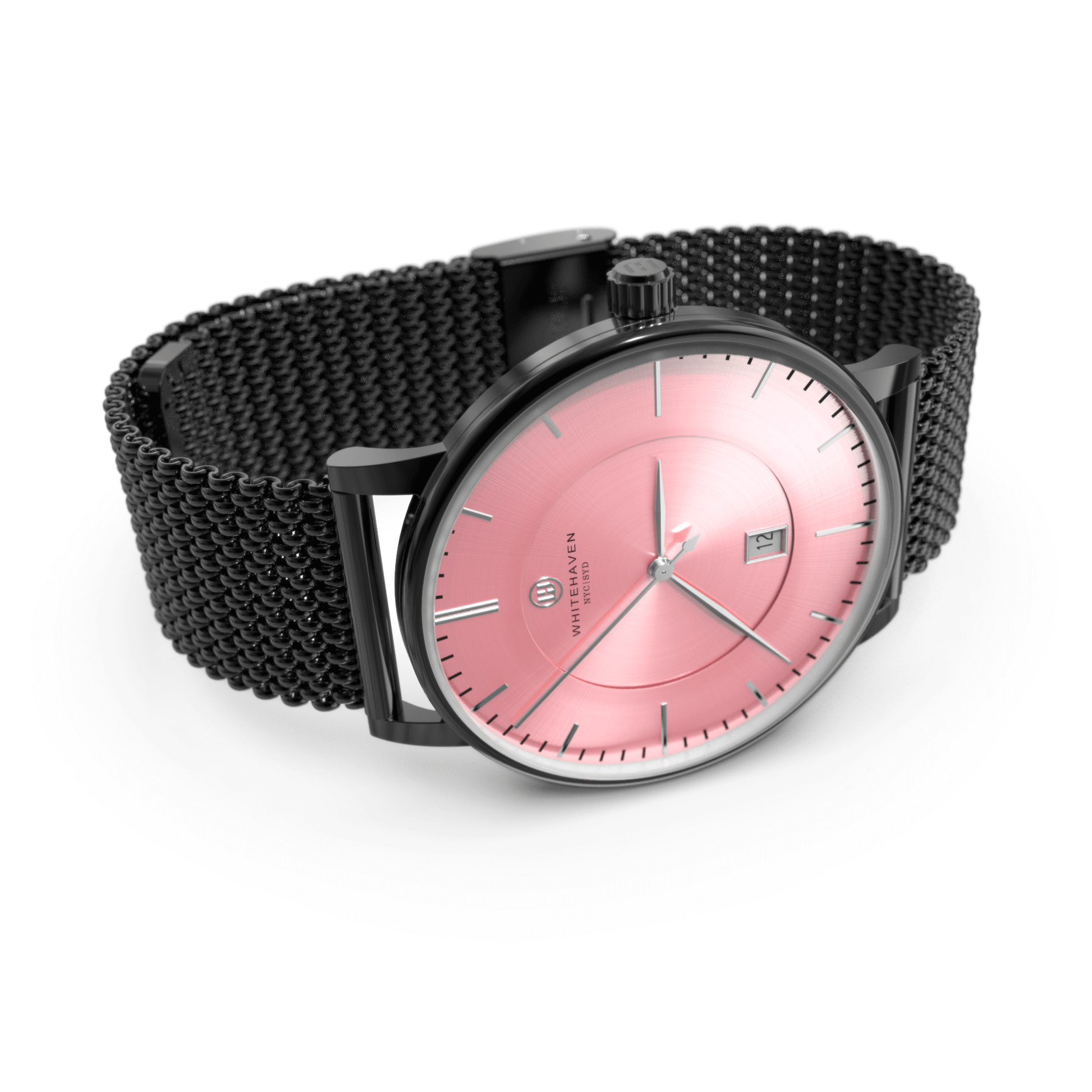 Montre femme Whitehaven Burleigh avec cadran rose, finitions noires et bracelet noir en maille milanaise – vue latérale