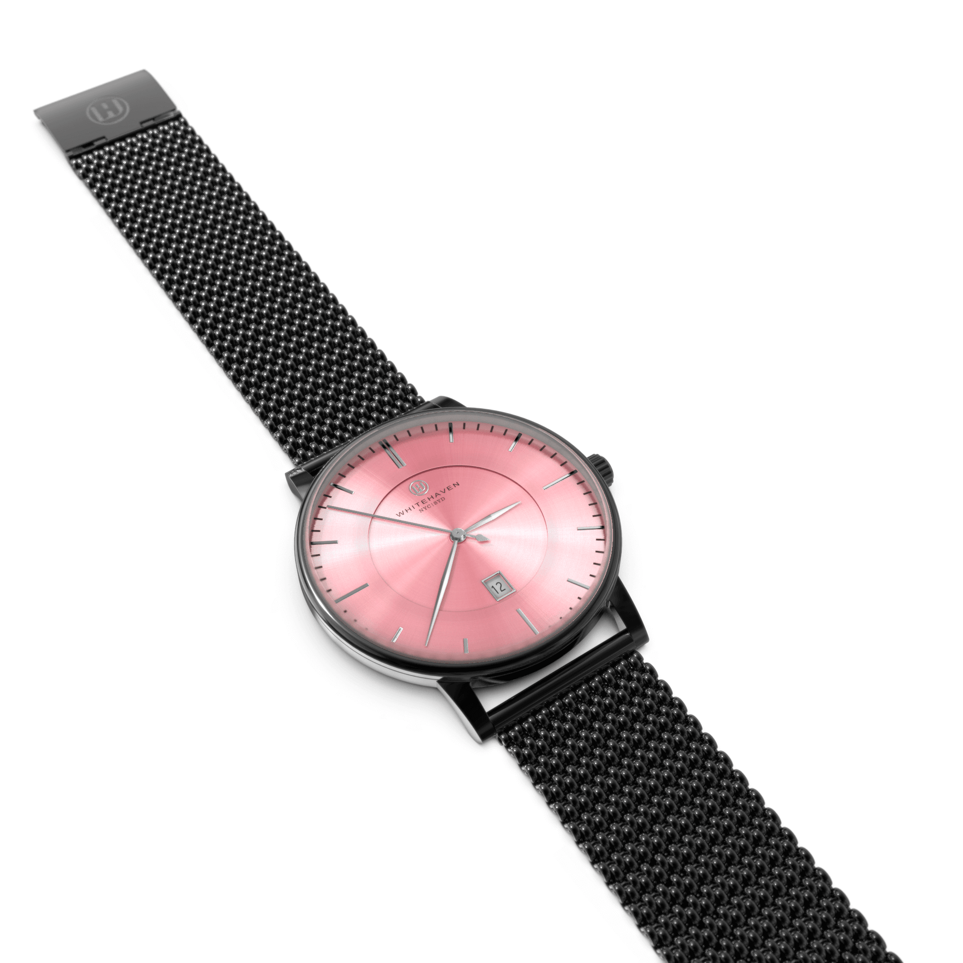 Montre femme Whitehaven Burleigh avec cadran rose, bracelet noir en maille milanaise et boîtier noir – vue à plat