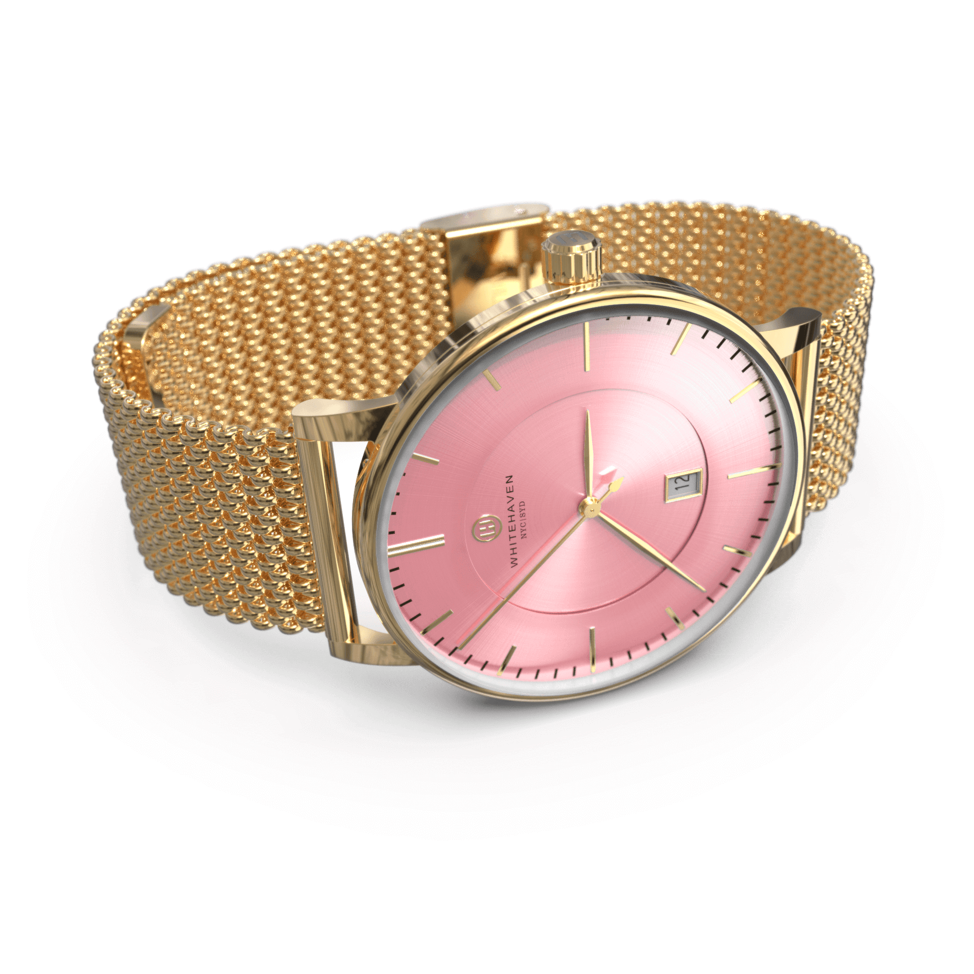 Montre femme Whitehaven Burleigh avec cadran rose, boîtier doré et bracelet milanais or – vue latérale