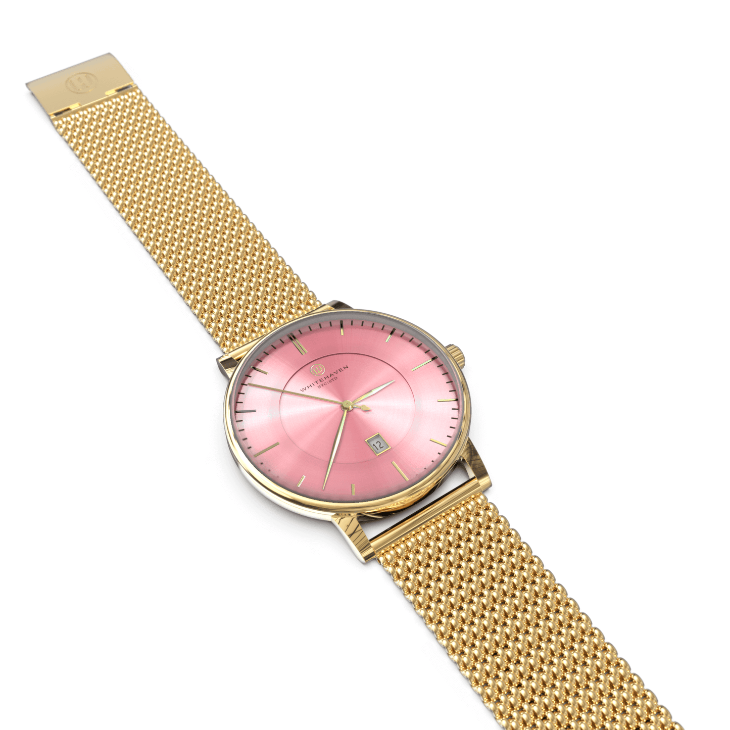 Montre femme Whitehaven Burleigh avec cadran rose, bracelet maille milanaise doré et finitions or – vue à plat