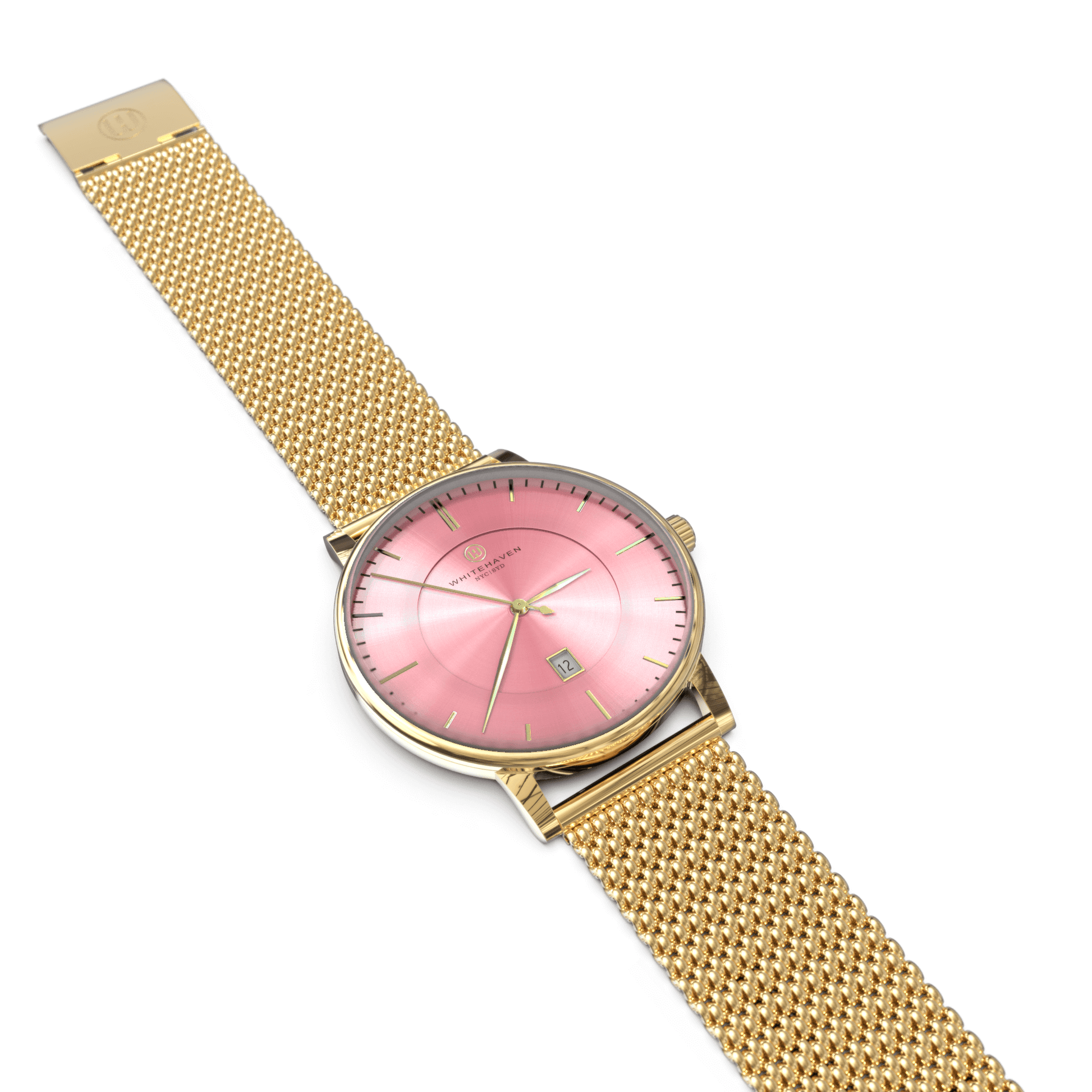 Montre femme Whitehaven Burleigh avec cadran rose, bracelet maille milanaise doré et finitions or – vue à plat