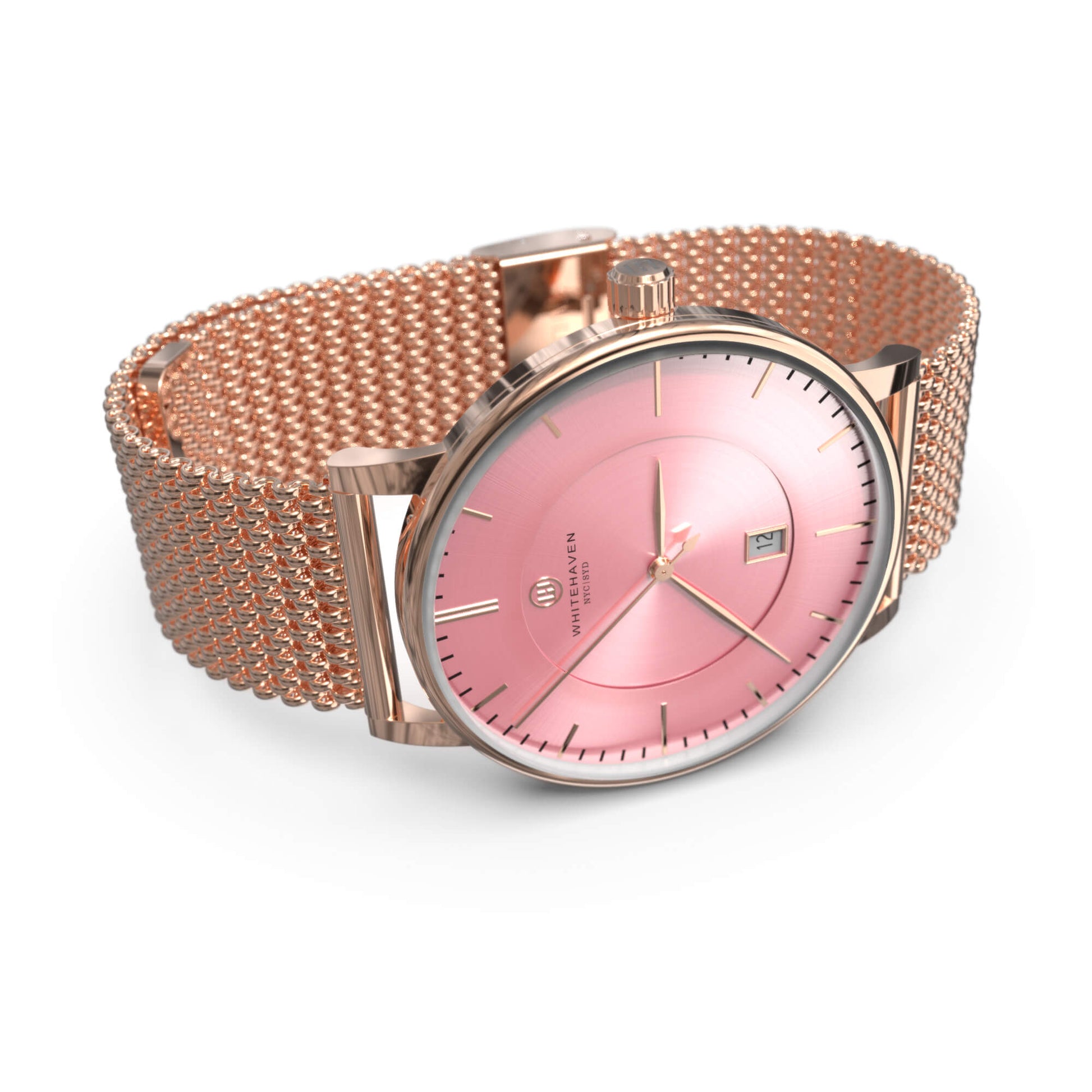 Montre femme Whitehaven Burleigh avec cadran rose, finitions et bracelet en rose gold – vue latérale