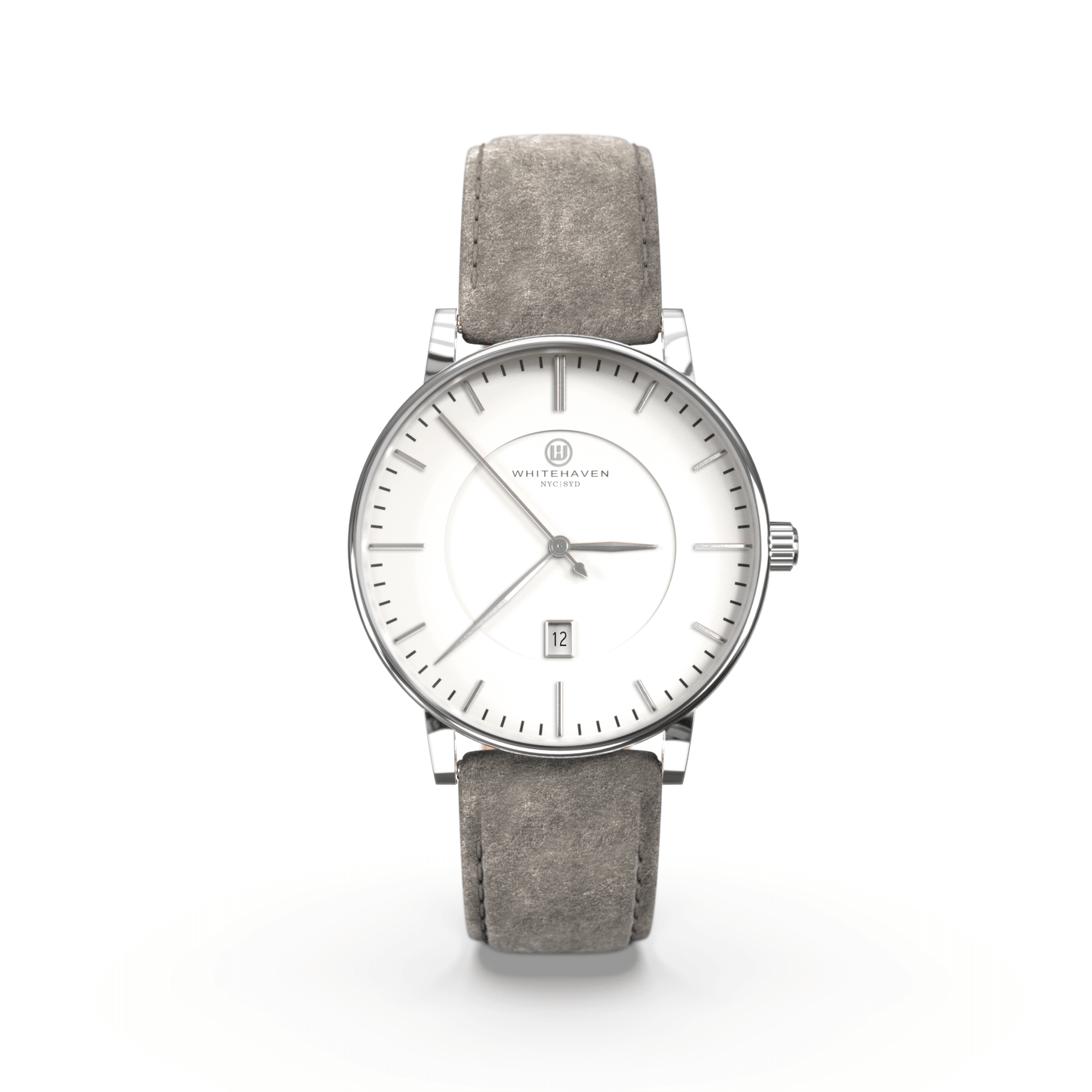 Montre femme Whitehaven Coral avec cadran blanc mat en vue frontale, finitions argentées et bracelet en velours gris clair