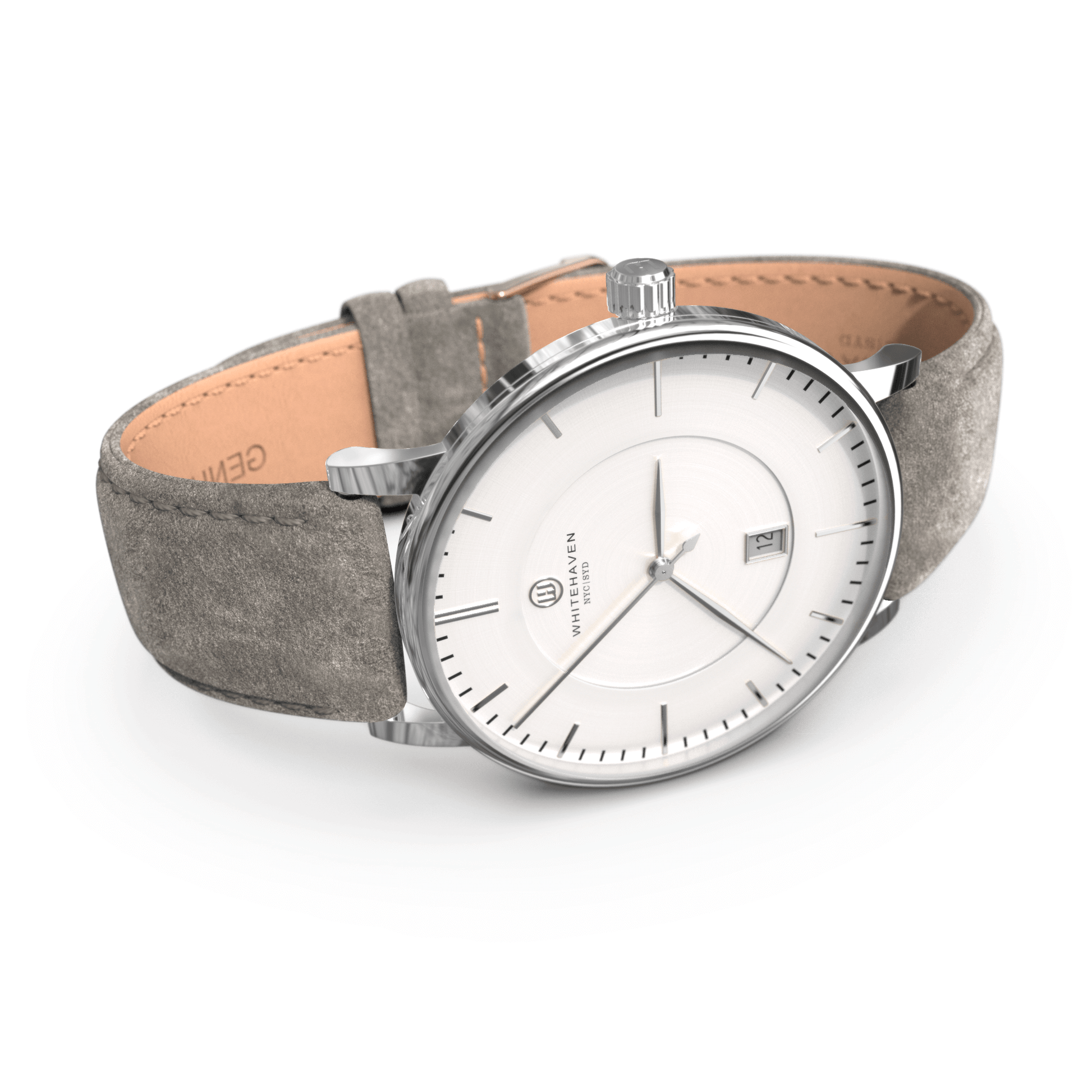 Montre femme Whitehaven Coral avec cadran blanc mat en perspective latérale, boîtier argenté et bracelet velours gris clair