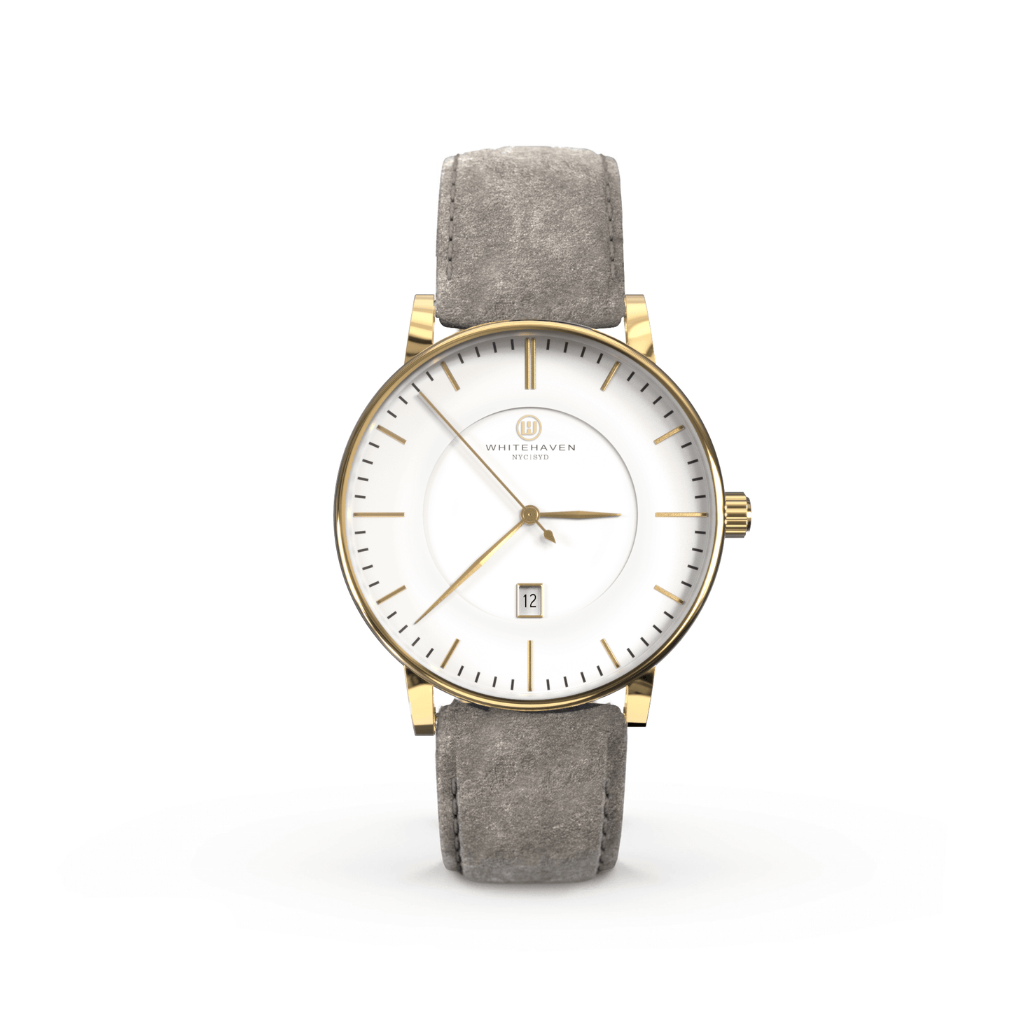 Montre femme Whitehaven Coral avec cadran blanc mat en vue frontale, finitions dorées et bracelet en velours gris clair