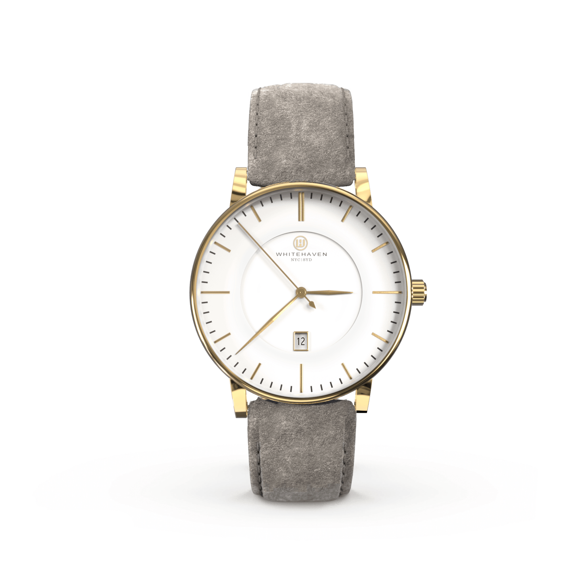 Montre femme Whitehaven Coral avec cadran blanc mat en vue frontale, finitions dorées et bracelet en velours gris clair