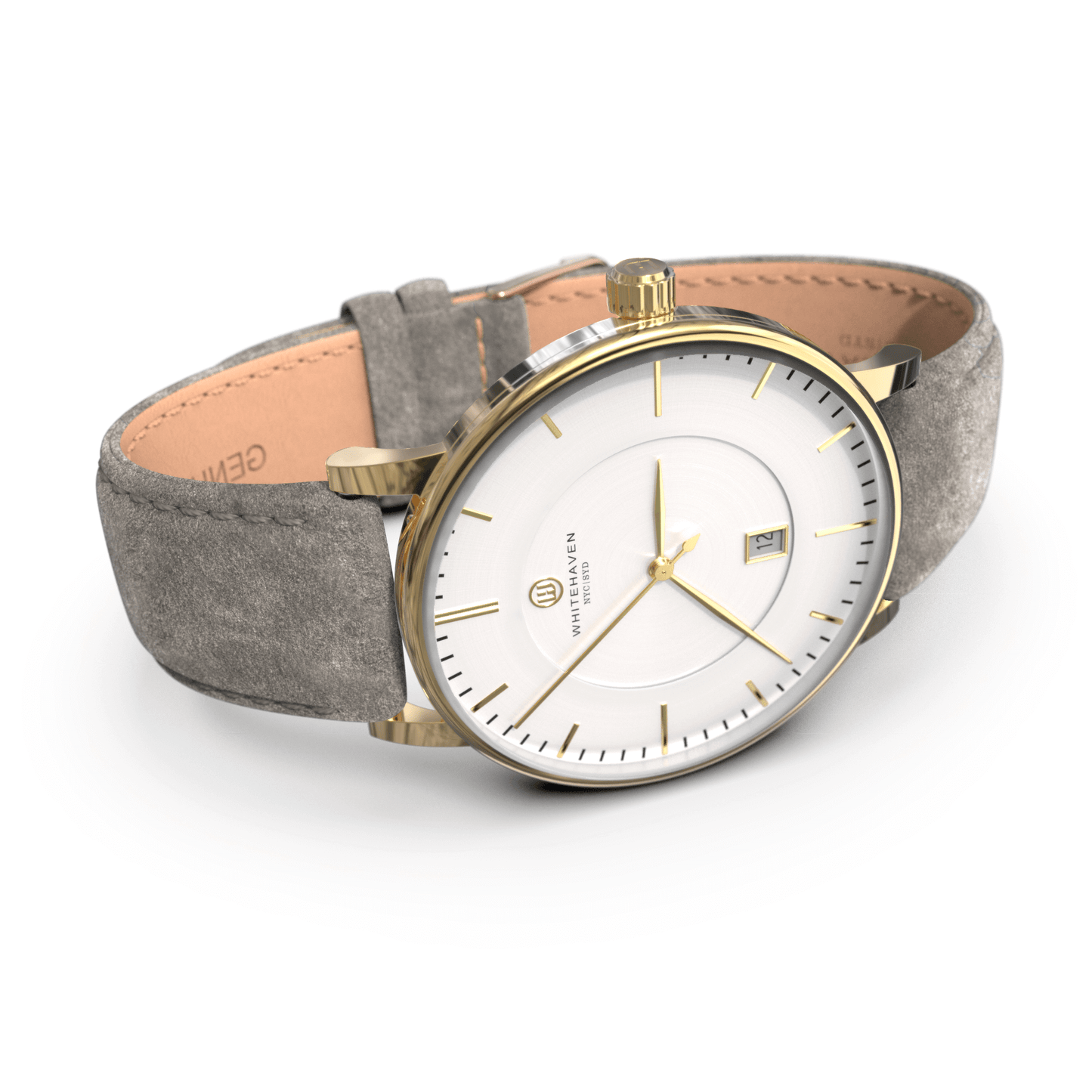 Montre femme Whitehaven Coral avec cadran blanc mat en perspective latérale, boîtier doré et bracelet velours gris clair