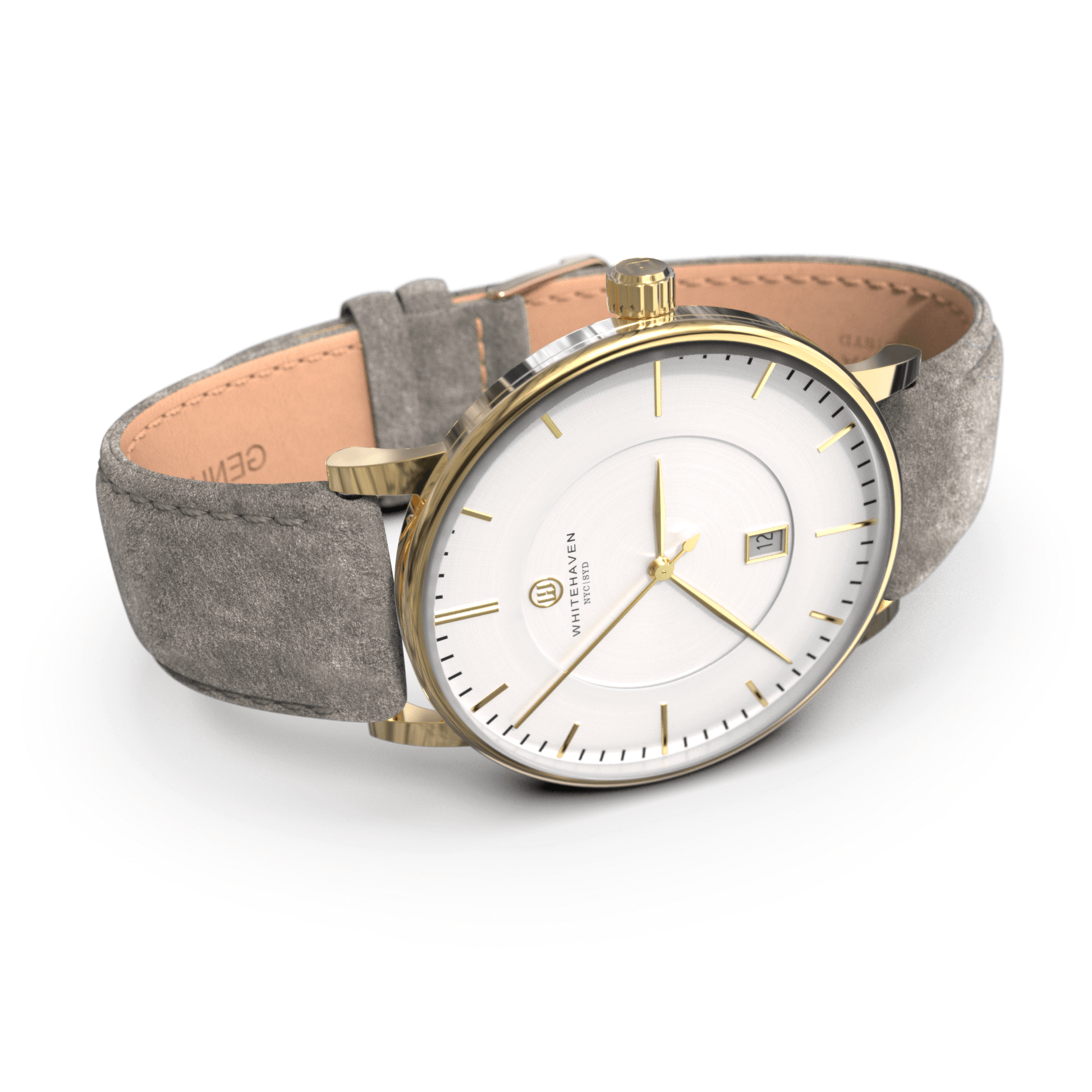 Montre femme Whitehaven Coral avec cadran blanc mat en perspective latérale, boîtier doré et bracelet velours gris clair