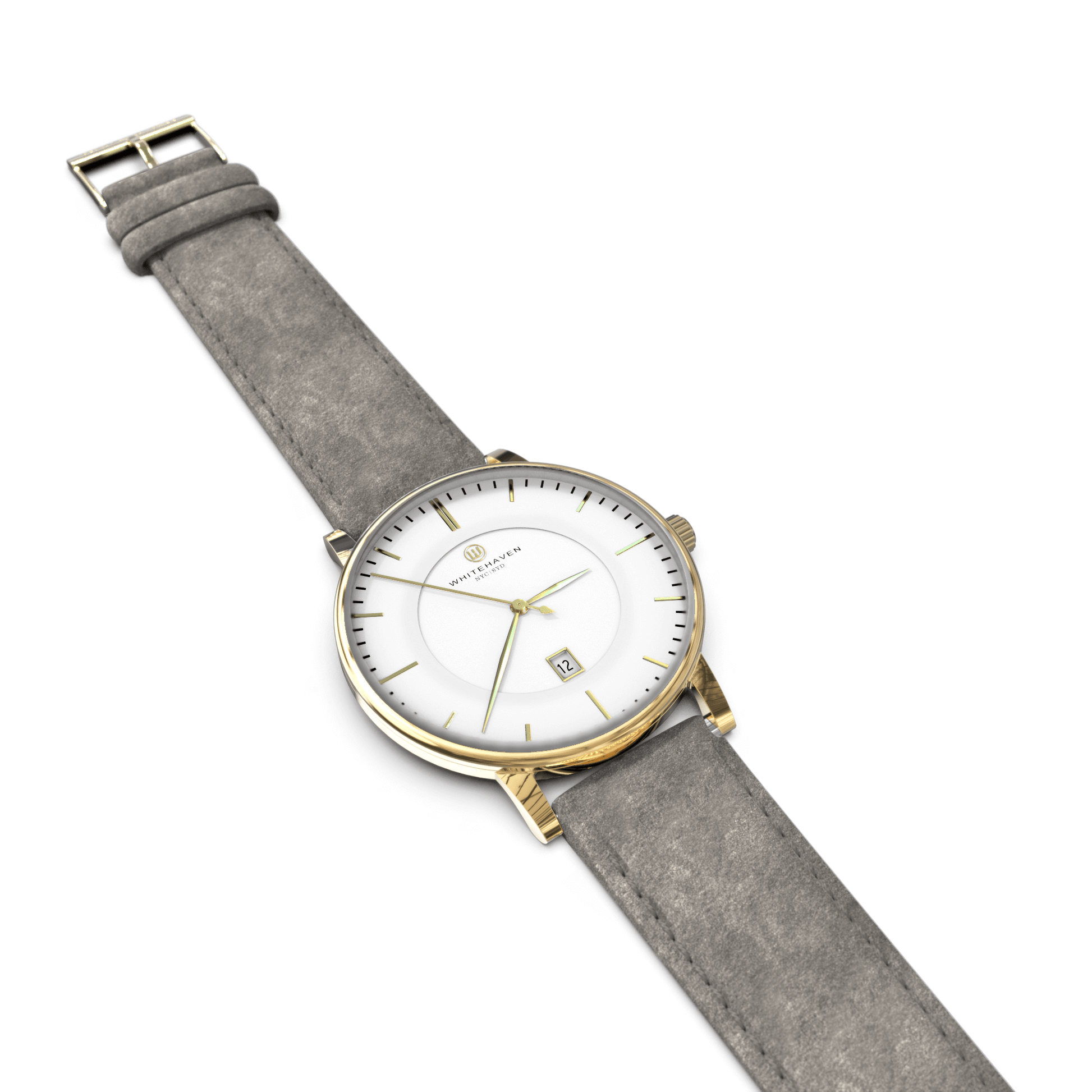 Montre femme Whitehaven Coral avec cadran blanc mat en vue à plat, finitions dorées et bracelet en velours gris clair