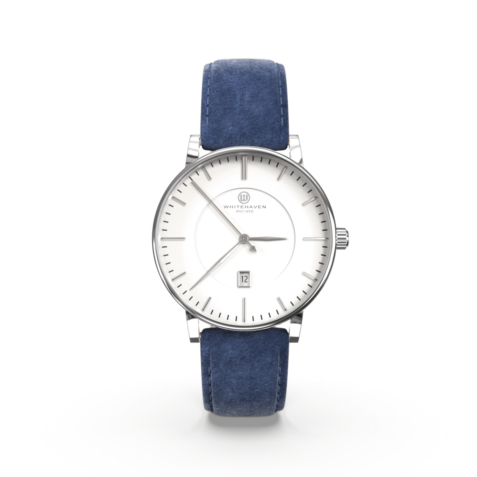 Montre femme Whitehaven Coral avec cadran blanc en vue frontale, finitions argent et bracelet en velours bleu
