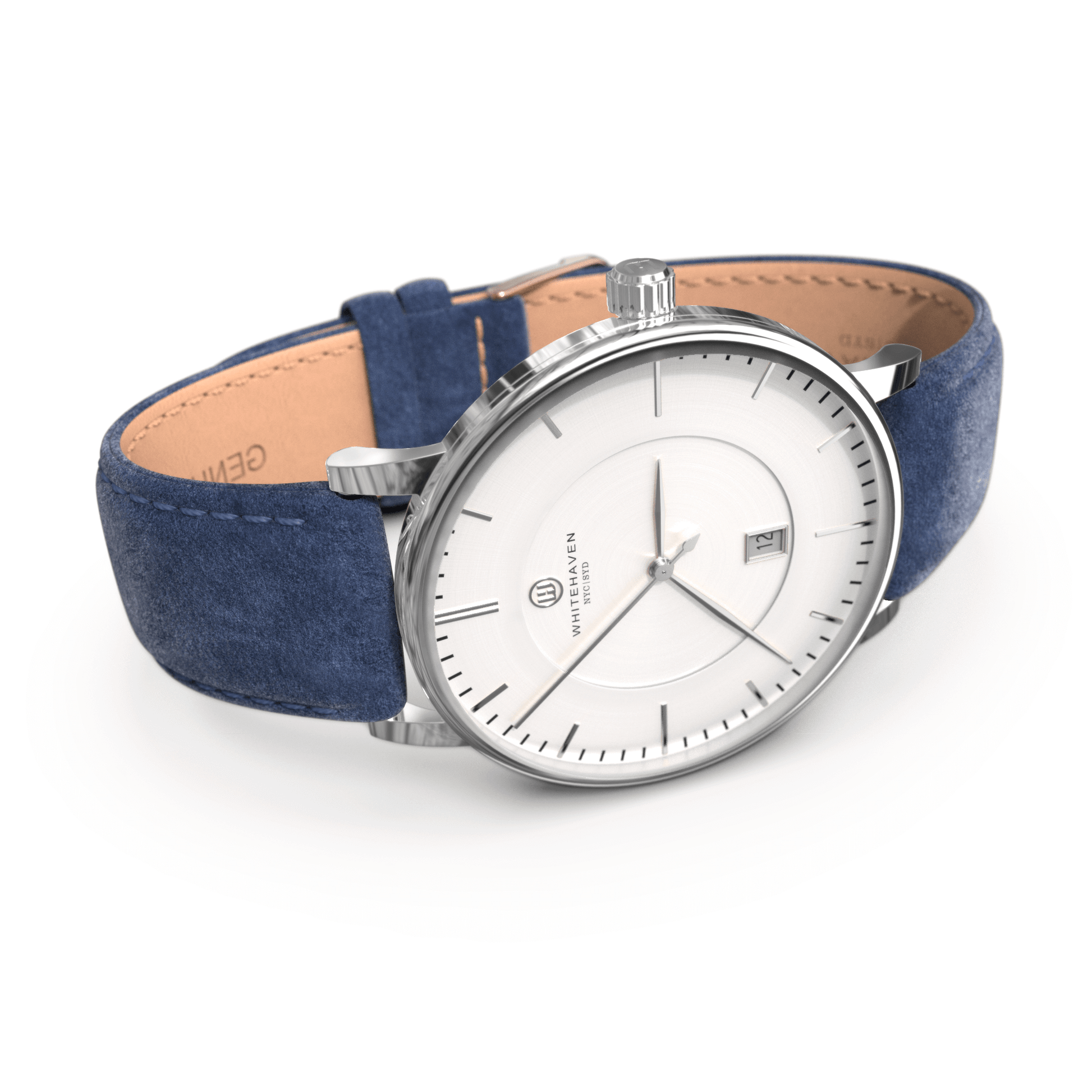Montre femme Whitehaven Coral avec cadran blanc en perspective latérale, boîtier argent et bracelet en velours bleu