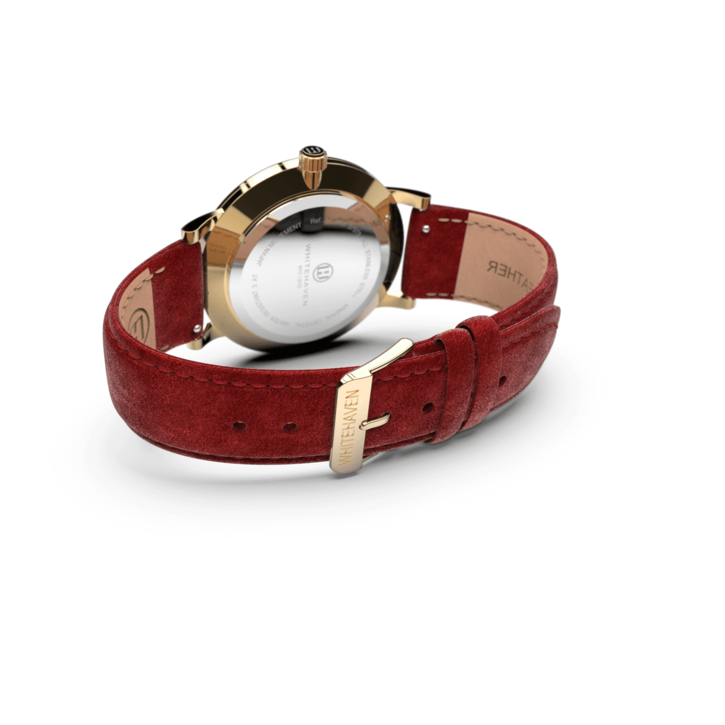 Montre femme Whitehaven Coral avec cadran blanc vue arrière, boucle dorée et bracelet en velours rouge