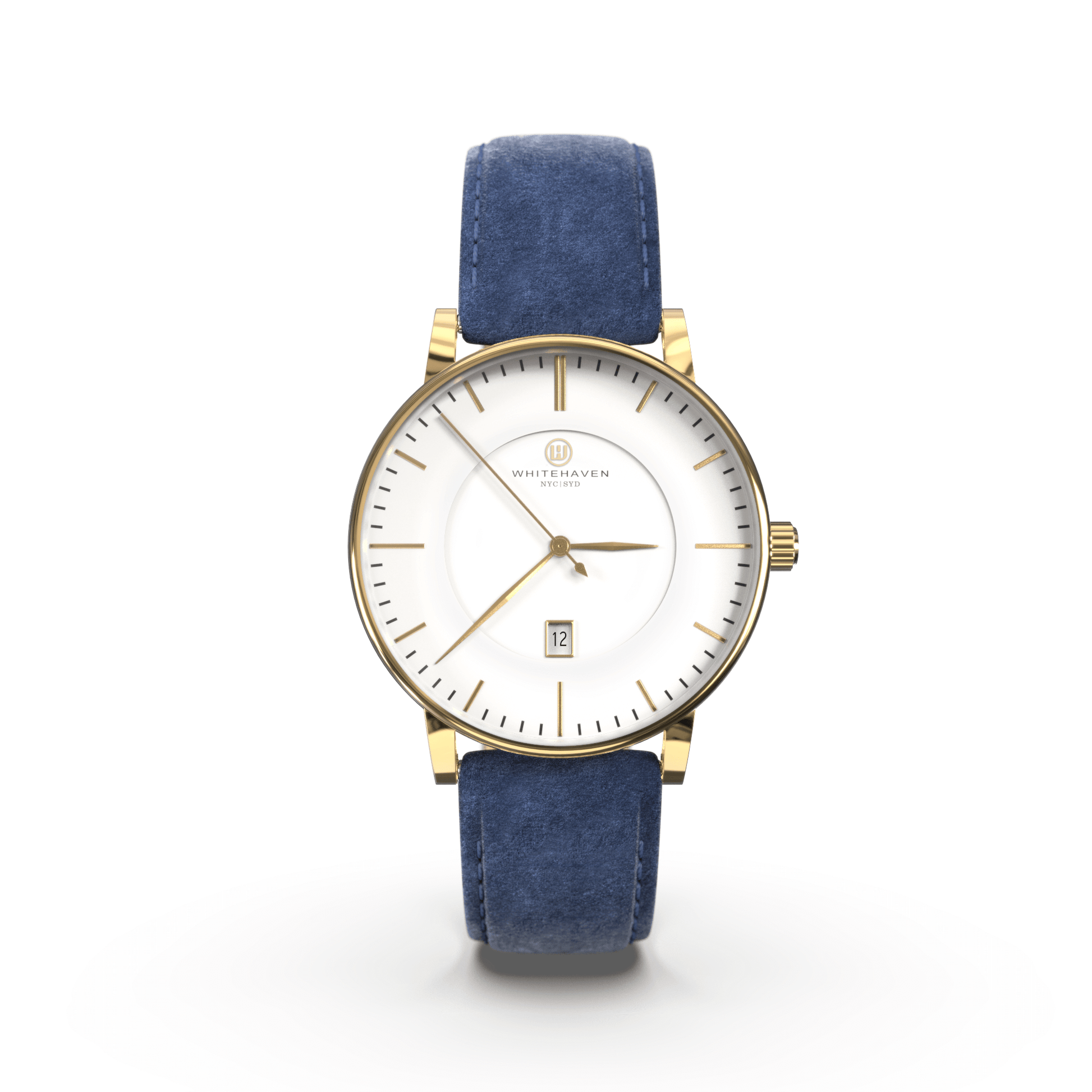 Montre femme Whitehaven Coral avec cadran blanc en vue frontale, finitions or et bracelet en velours bleu