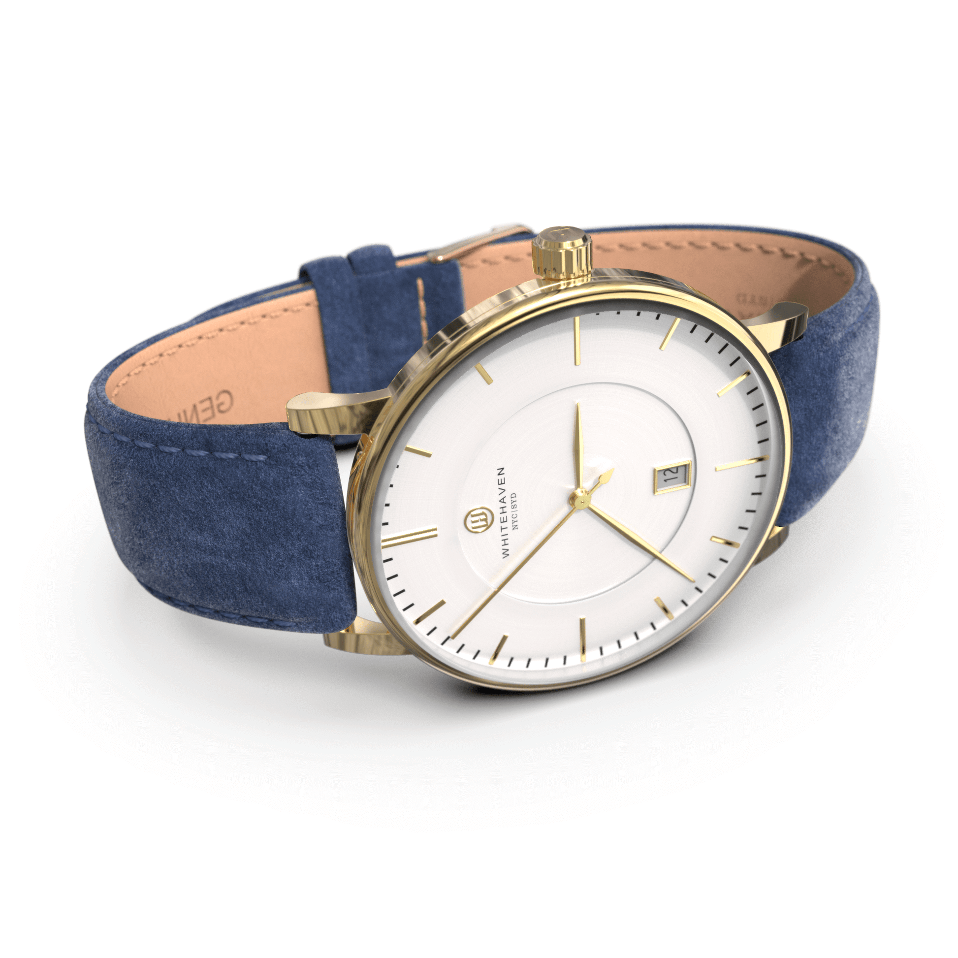 Montre femme Whitehaven Coral avec cadran blanc en perspective latérale, boîtier doré et bracelet en velours bleu
