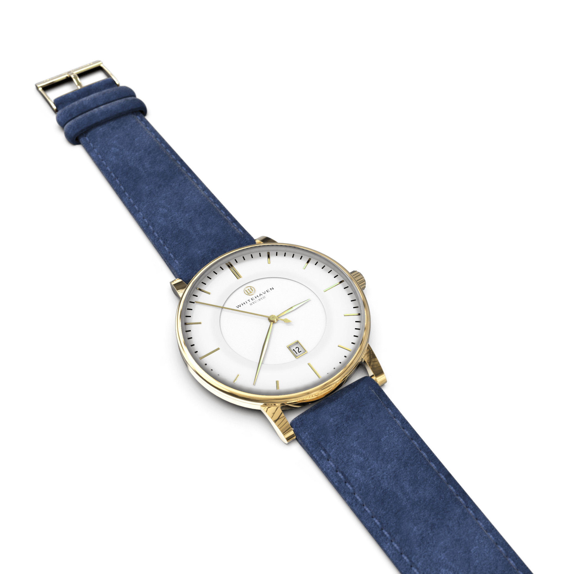 Montre femme Whitehaven Coral avec cadran blanc en vue à plat, finitions or et bracelet en velours bleu