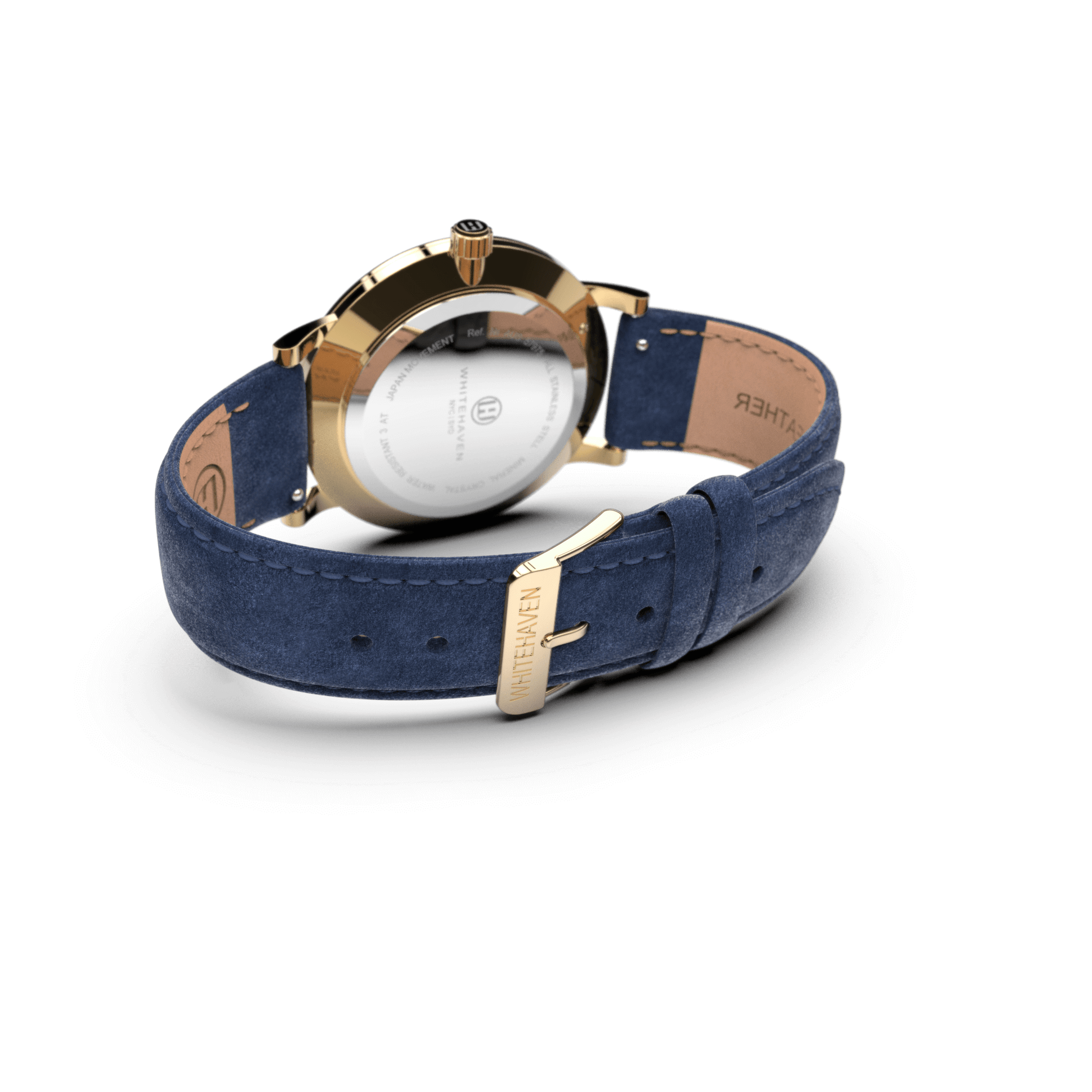 Montre femme Whitehaven Coral avec cadran blanc vue arrière, boucle dorée et bracelet en velours bleu