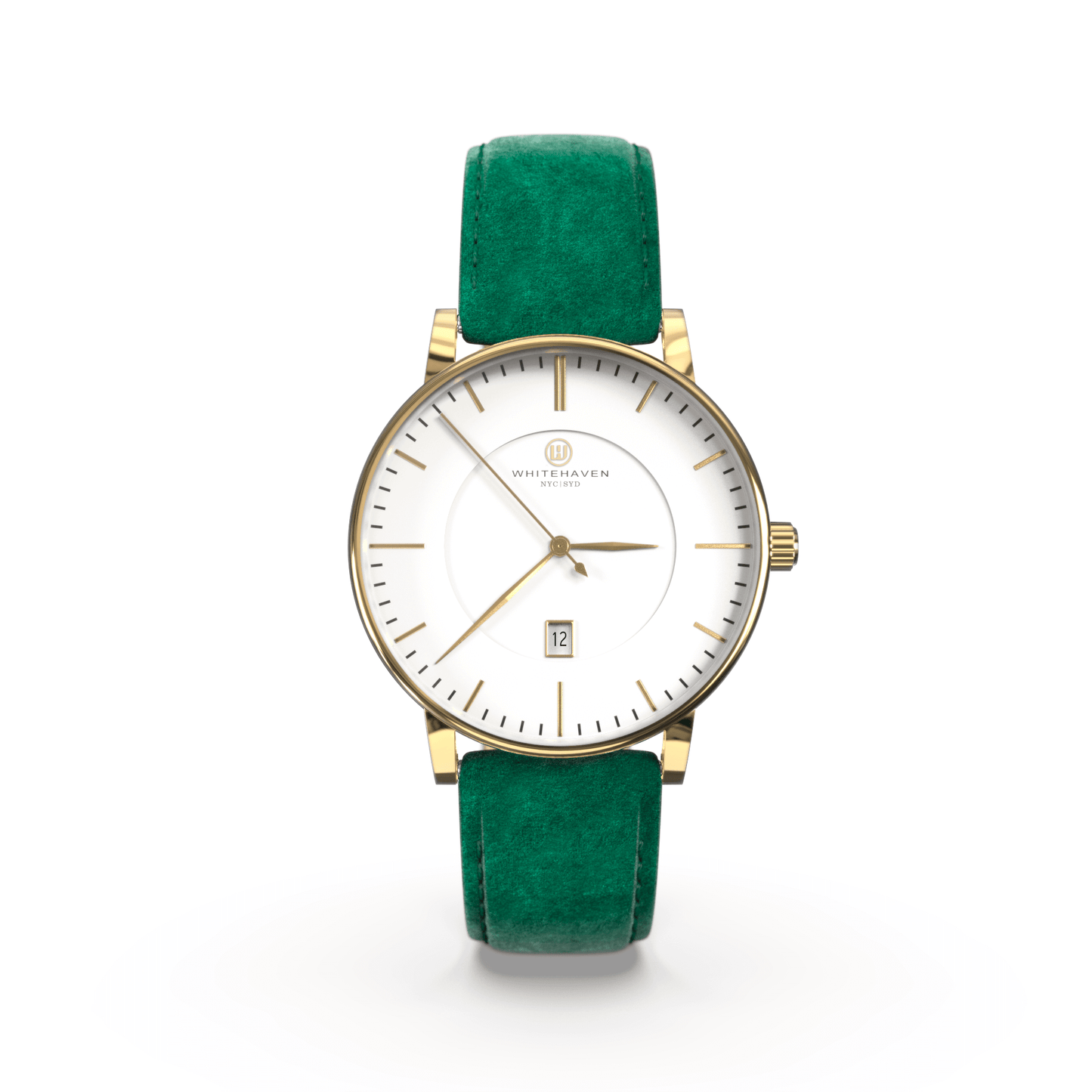Montre femme Whitehaven Coral avec cadran blanc en vue frontale, finitions or et bracelet en velours vert
