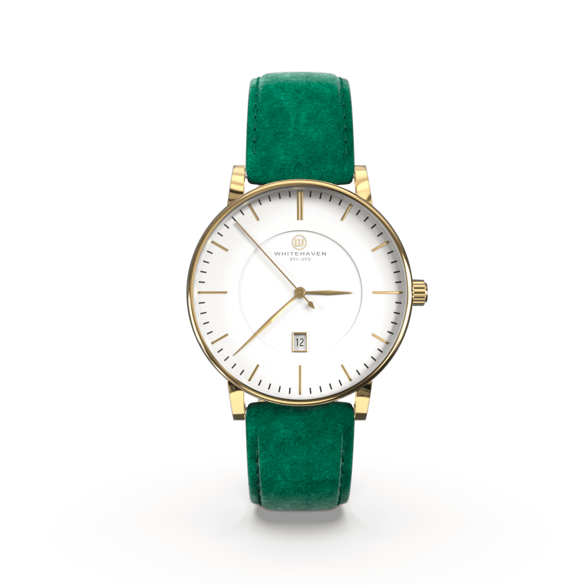 Montre femme Whitehaven Coral avec cadran blanc en vue frontale, finitions or et bracelet en velours vert