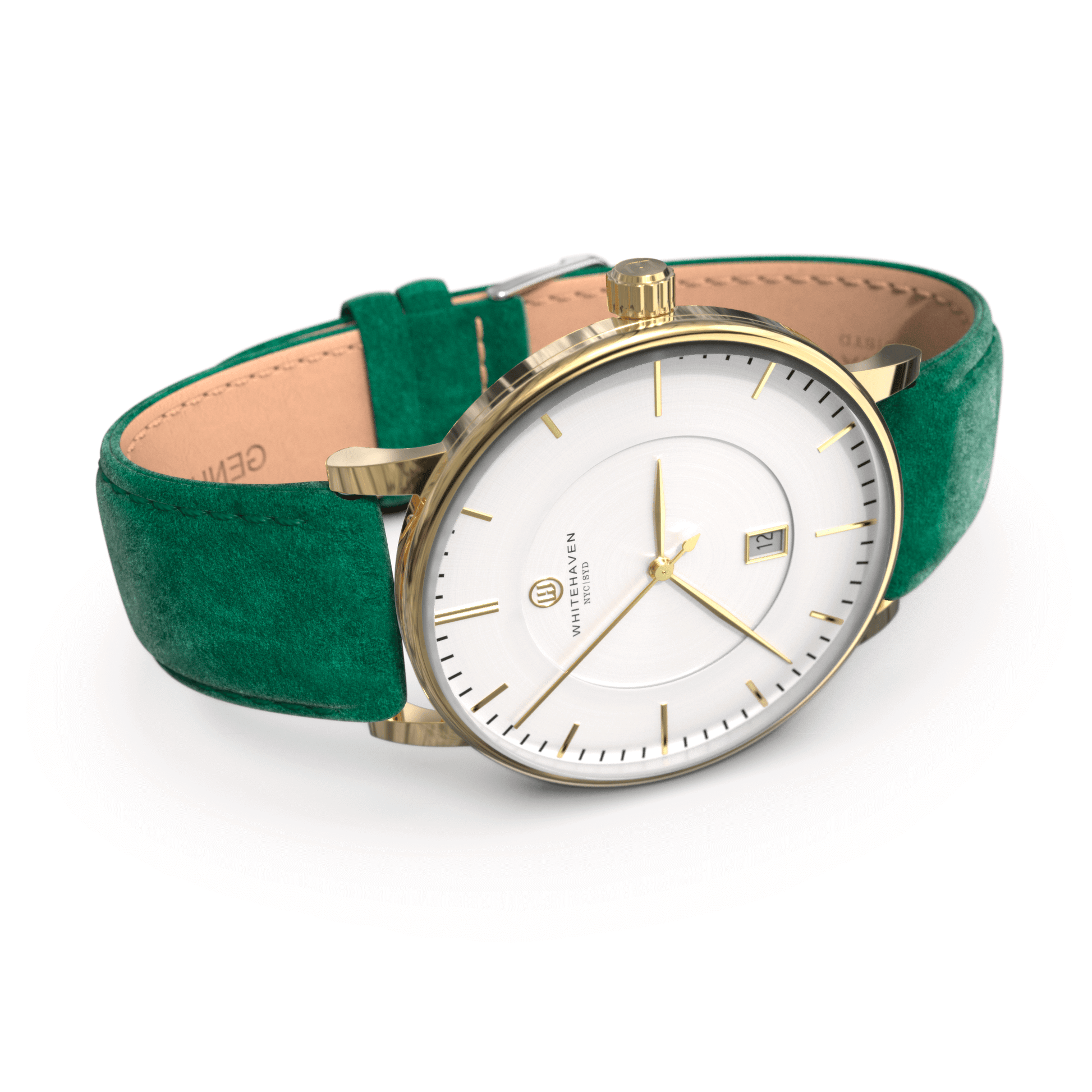 Montre femme Whitehaven Coral avec cadran blanc en perspective latérale, boîtier doré et bracelet velours vert