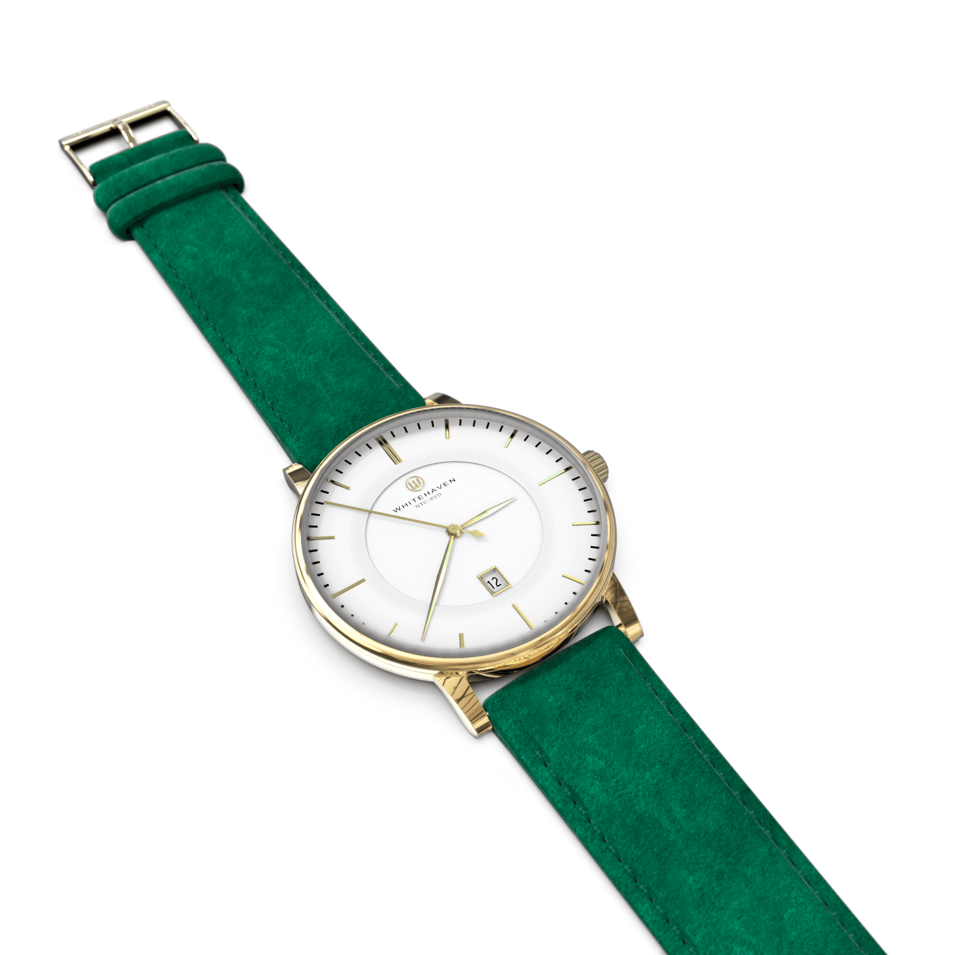 Montre femme Whitehaven Coral avec cadran blanc en vue à plat, finitions or et bracelet en velours vert