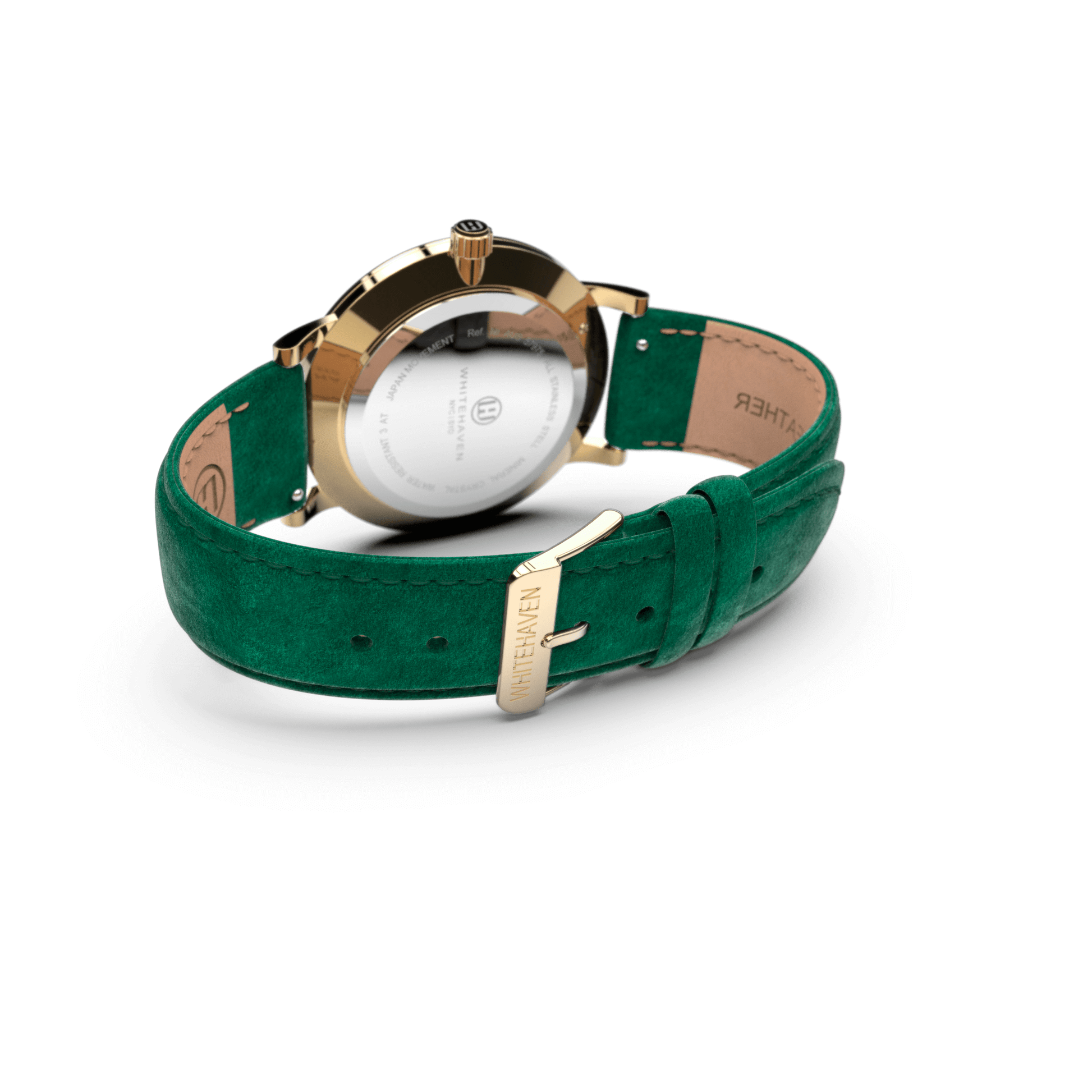 Montre femme Whitehaven Coral avec cadran blanc vue arrière, boucle dorée et bracelet en velours vert