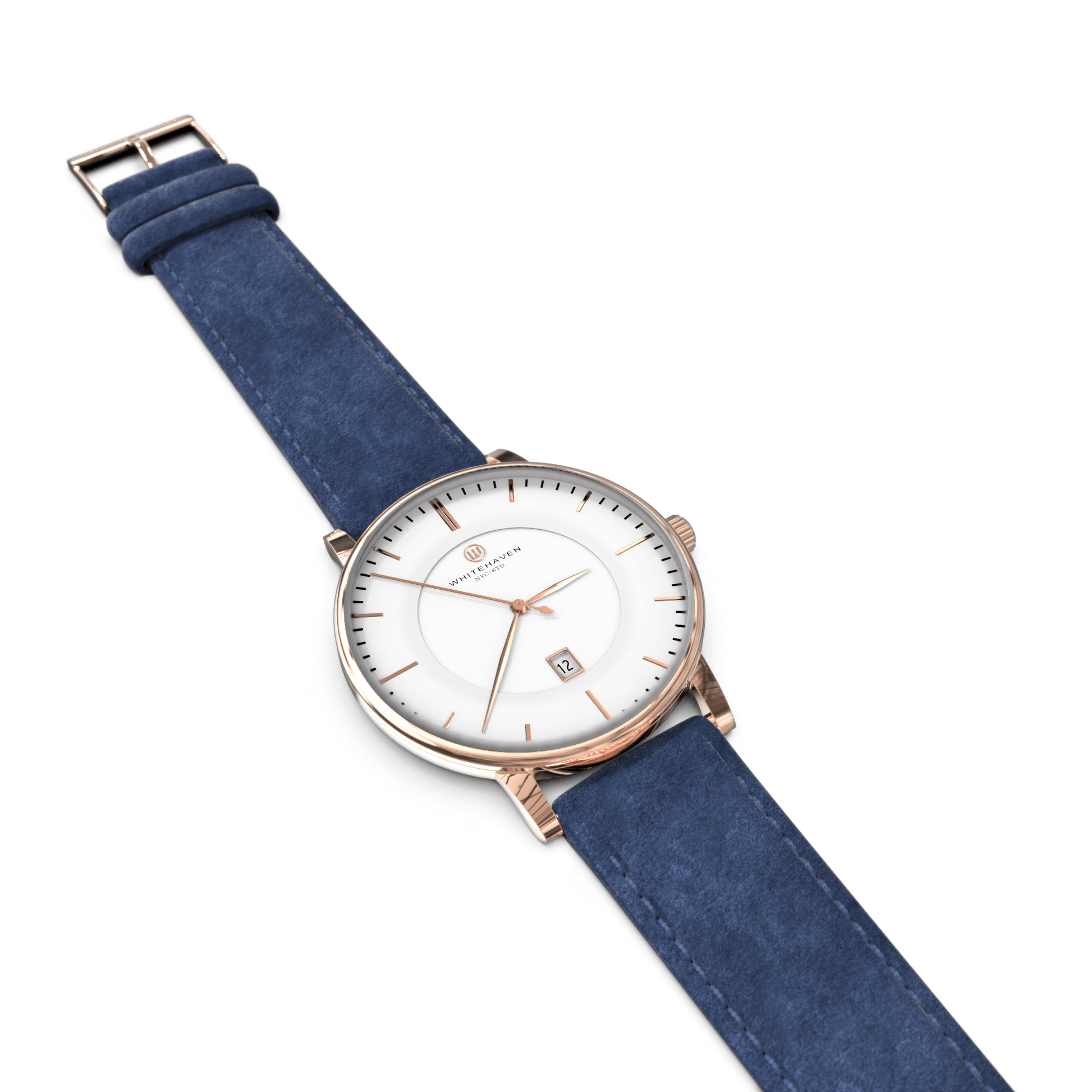 Montre femme Whitehaven Coral avec cadran blanc en vue à plat, finitions rose gold et bracelet en velours bleu