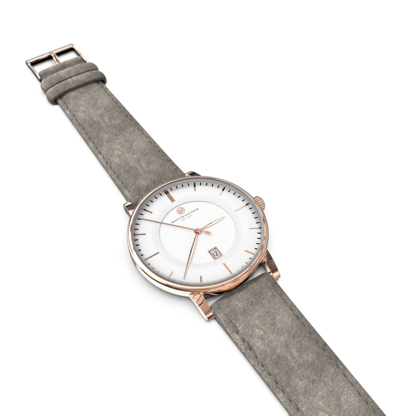 Montre femme Whitehaven Coral avec cadran blanc en vue à plat, finitions rose gold et bracelet en velours gris clair