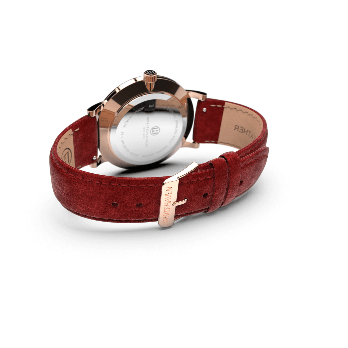 Montre femme Whitehaven Coral avec cadran blanc vue arrière, boucle rose gold et bracelet en velours rouge