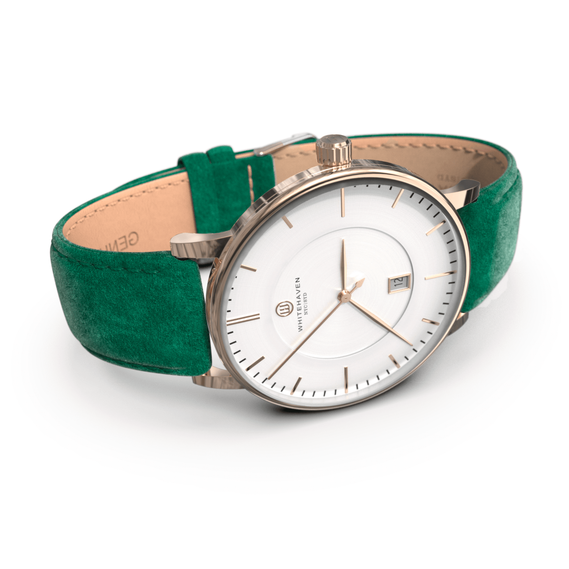 Montre femme Whitehaven Coral avec cadran blanc en perspective latérale, boîtier rose gold et bracelet en velours vert