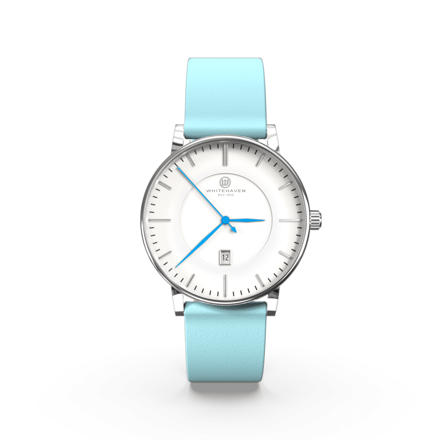 Montre femme Whitehaven Darling avec cadran blanc, boîtier finition argent et bracelet en cuir lisse bleu pastel – vue de face