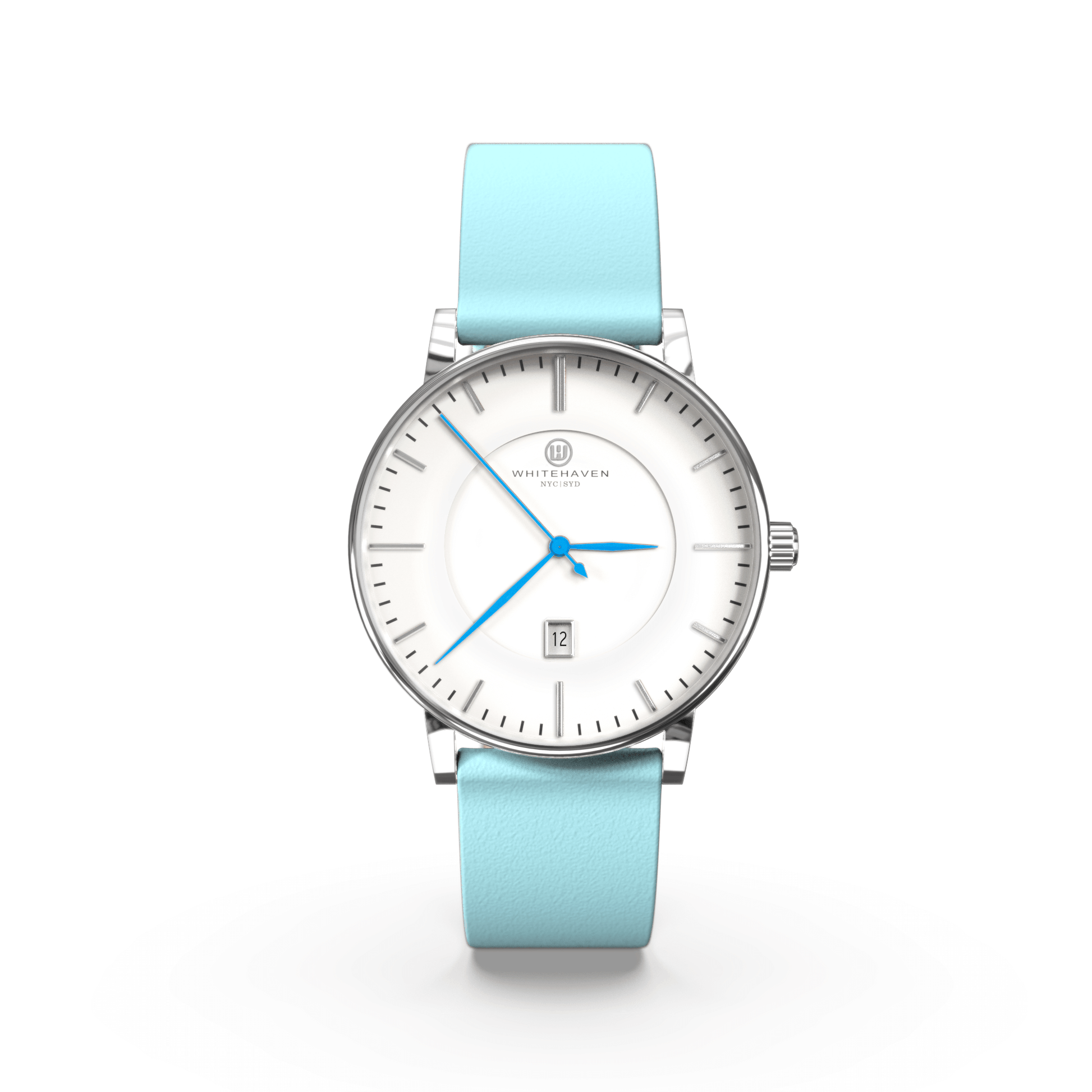 Montre femme Whitehaven Darling avec cadran blanc, boîtier finition argent et bracelet en cuir lisse bleu pastel – vue de face