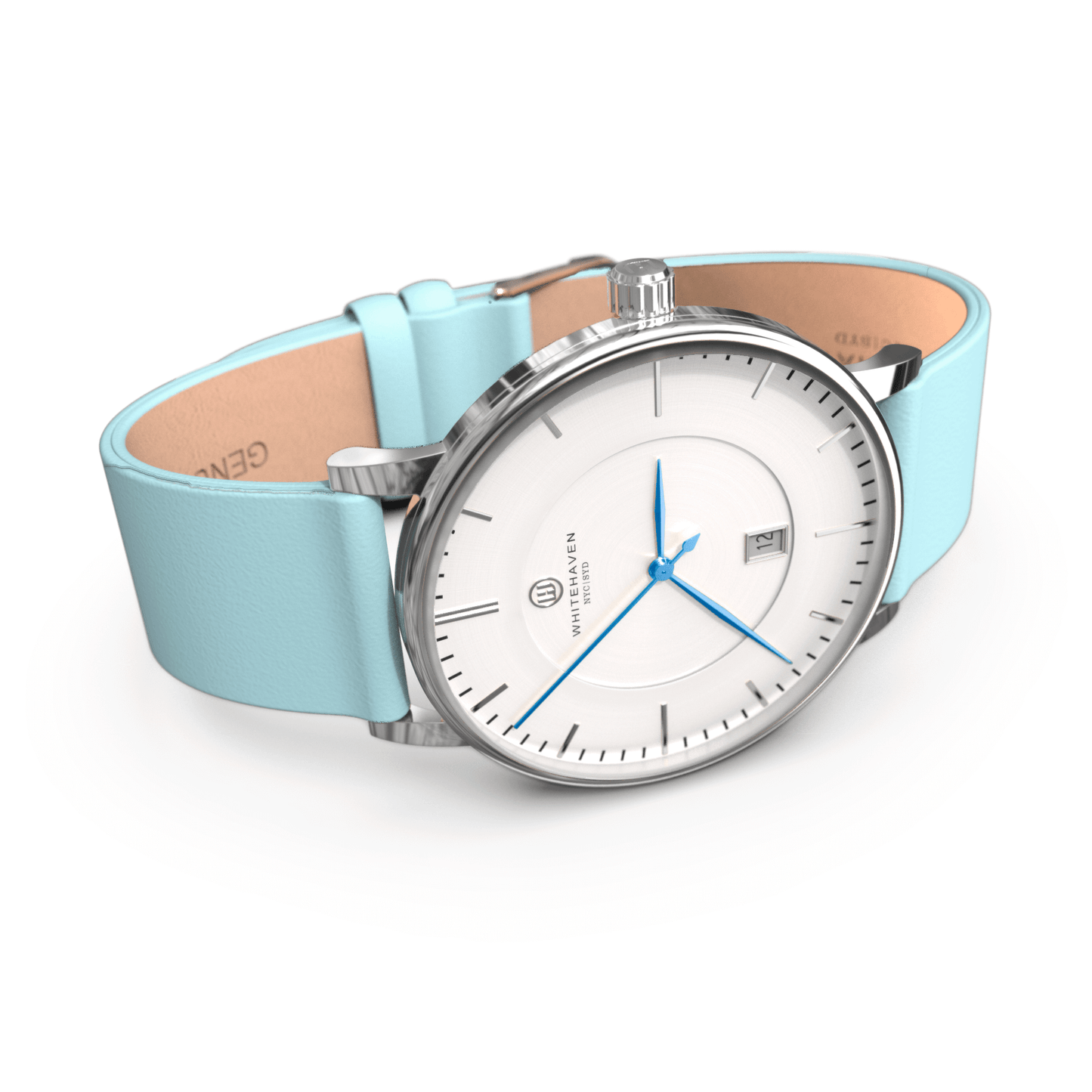 Montre Whitehaven Darling avec cadran blanc et bracelet cuir bleu pastel – vue en perspective, détails argentés